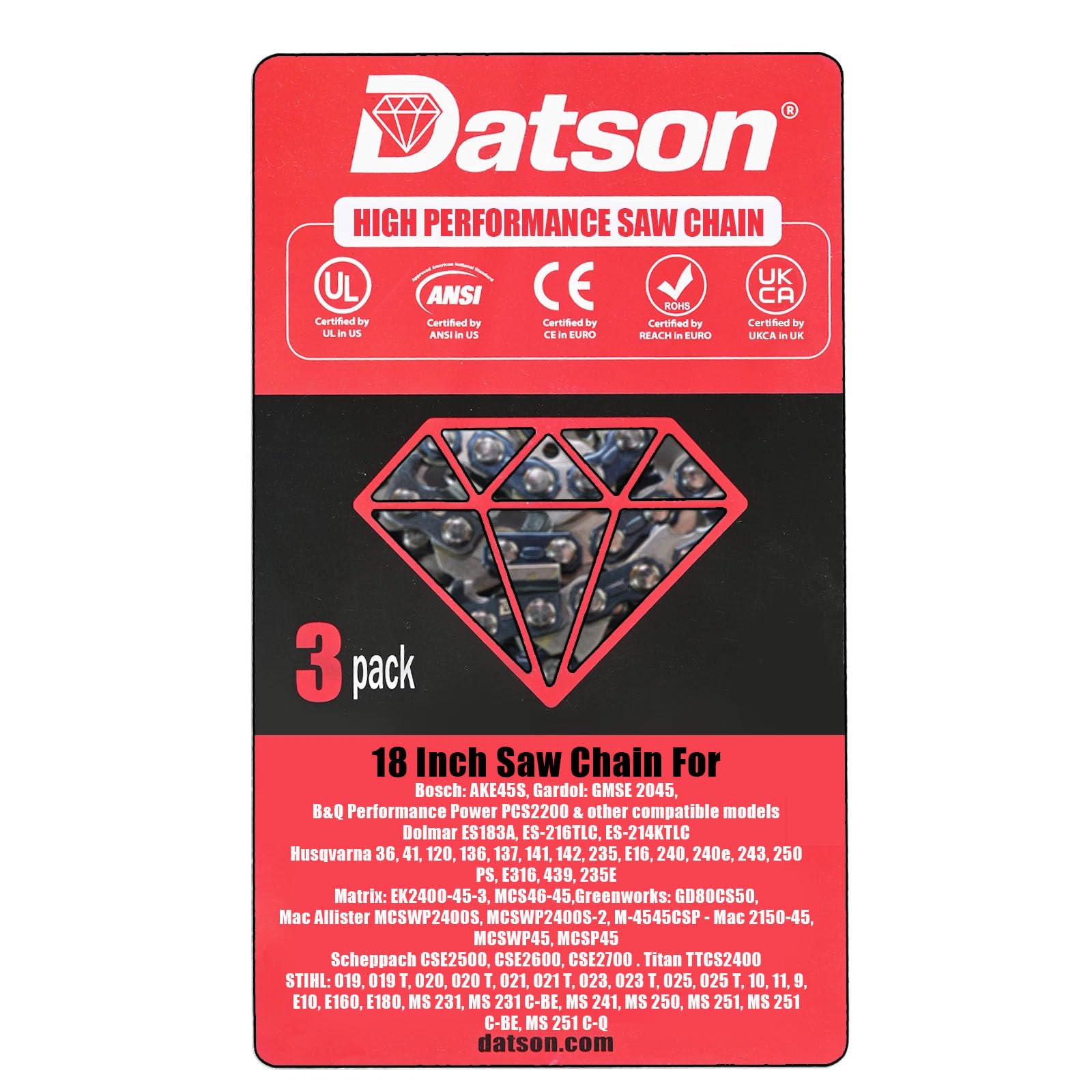 3 Pack Chainsaw Chain for 18 Inch (45cm) Bar,62 Drive Links,3/8" LP Pitch,0.050",Replacement Chain For Dolmar ES183A,ES-216TLC,ES-214KTLC,Matrix EK2400-45-3,MCS46-45,Greenworks GD80CS50,Titan TTCS2400