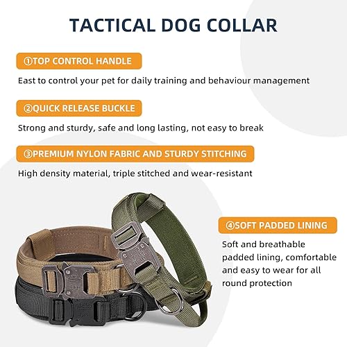 Miniatura 5 de Collar táctico para perro, collar ajustable de nailon para entrenamiento militar con mango de control, hebilla de metal resistente para perros