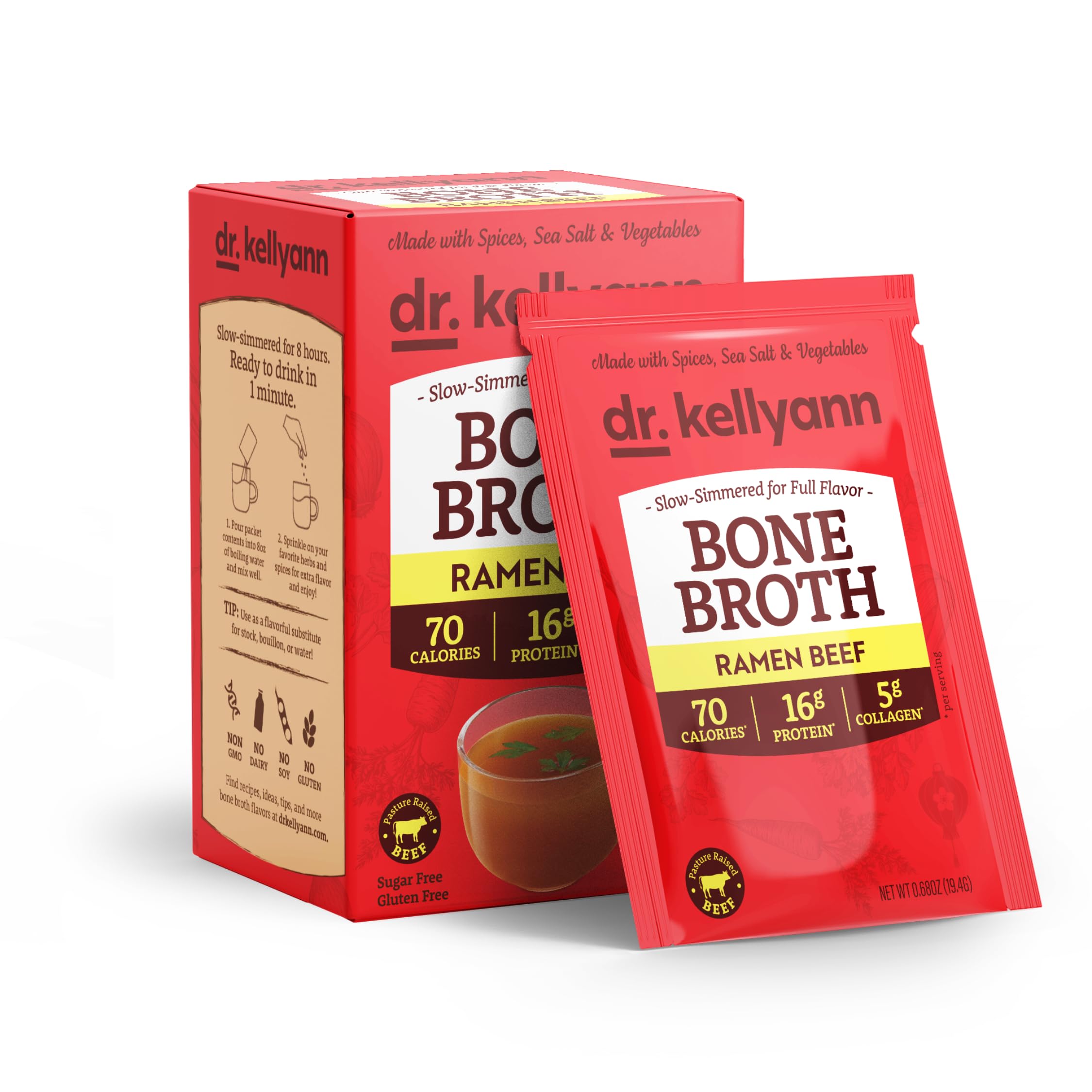 Dr. Kellyann Ramen Beef Bone Broth Packets (7 Servings) – 16g Protein, Grass-Fed Hydrolyzed Collagen, Keto & Paleo-Friendly Ramen Beef 7 servings