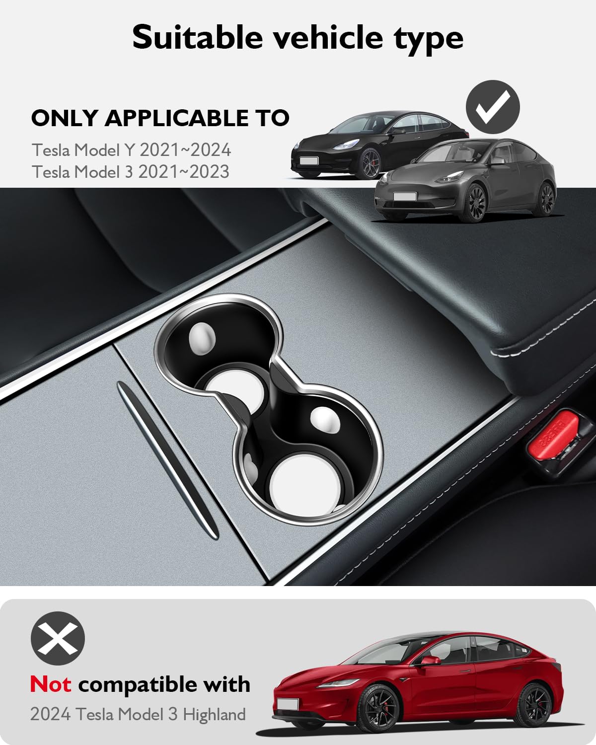 SUMK Center Console Cup Holder Insert for Tesla Model Y Accessories 2024 2025, [Won't be Pulled Out] Upgrade Silicone Airbags Design for Tesla Model 3 2023 2022 2021 Central Console Cup Pad - White