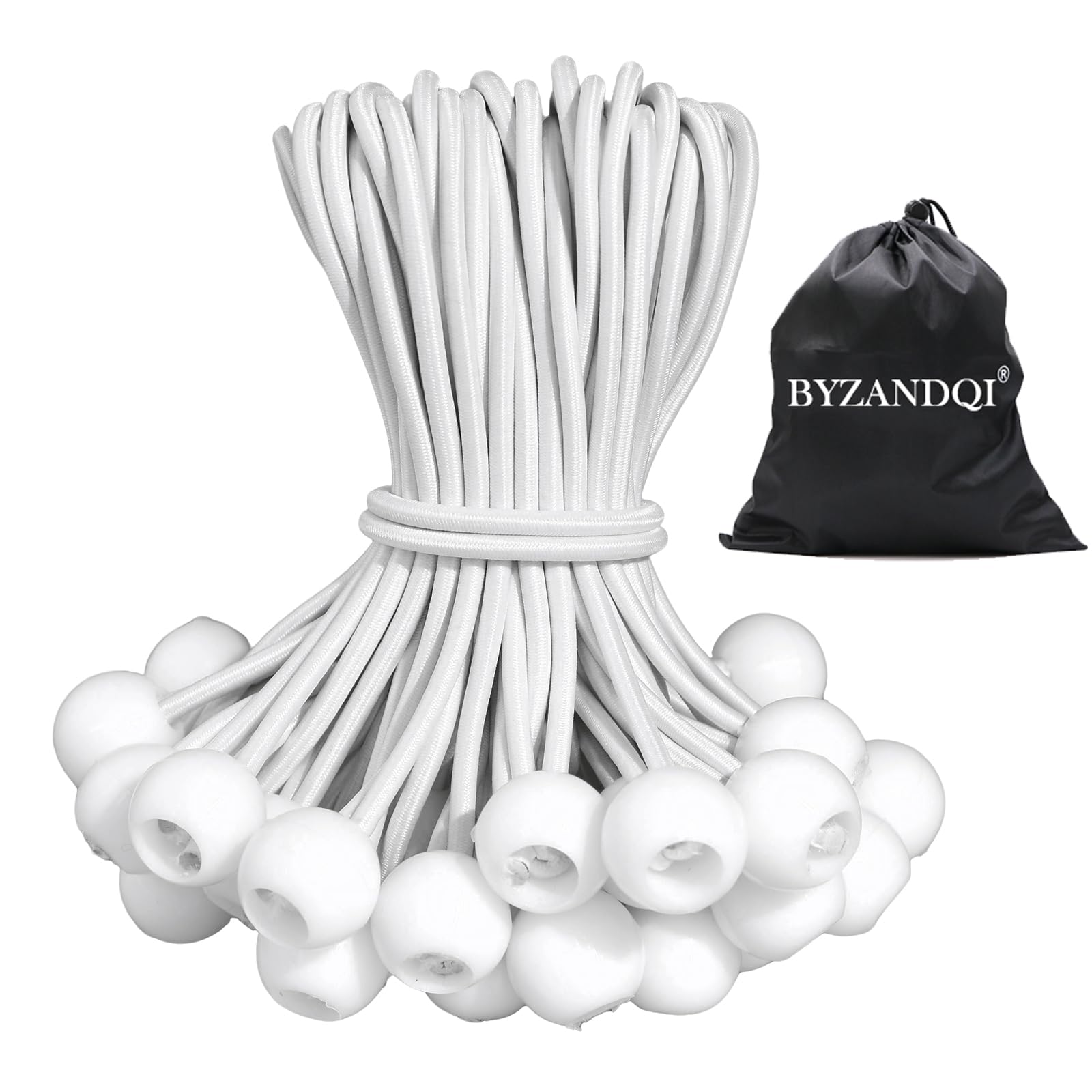 BIYIT Gumki napinające z kulką, napinacze do plandek, gumy, pętle do namiotu, banerów, 10 cm, białe, 25 szt