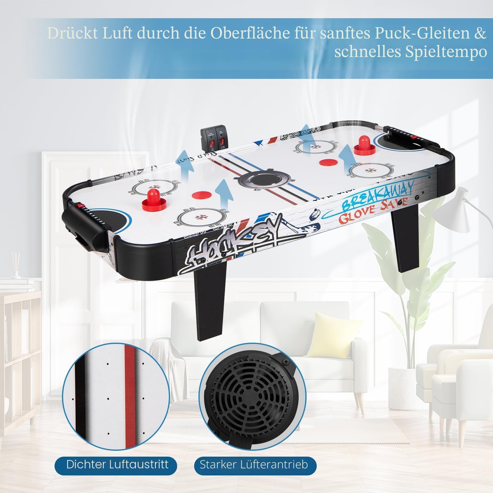 HOMASIS 42'' Airhockey Tisch, Air Hockey Spieltisch mit elektronischem LED-Punktezähler, Tischhockey inkl. 2 Pucks & 2 Griffen & 2 Ziele, Airhockeytisch Lufthockey Speedhockey für Kinder & Erwachsene