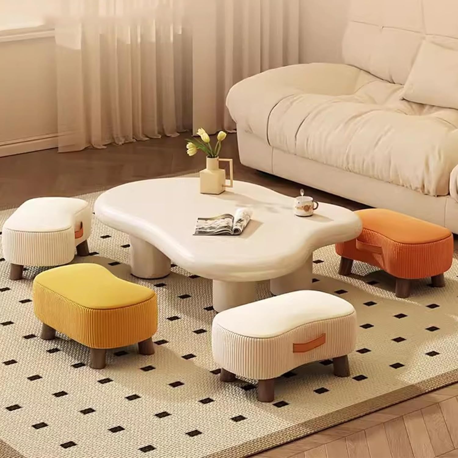 モダンベルベットオットマンベンチ - リビングルームや寮や廊下用の小さなフットスツール ポータブルハンドル&amp;頑丈な脚付き -