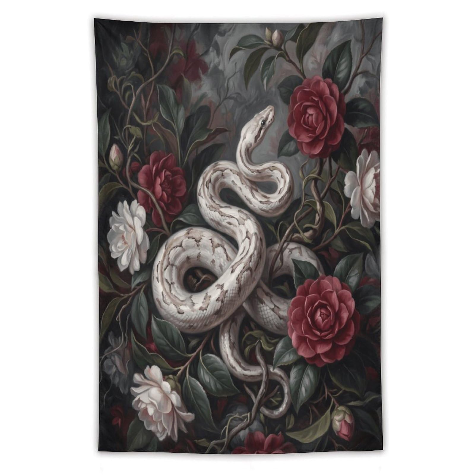 W7C8U2X3 White Snake Dark Roses Wall Tapestry, Realistic Illustration Style