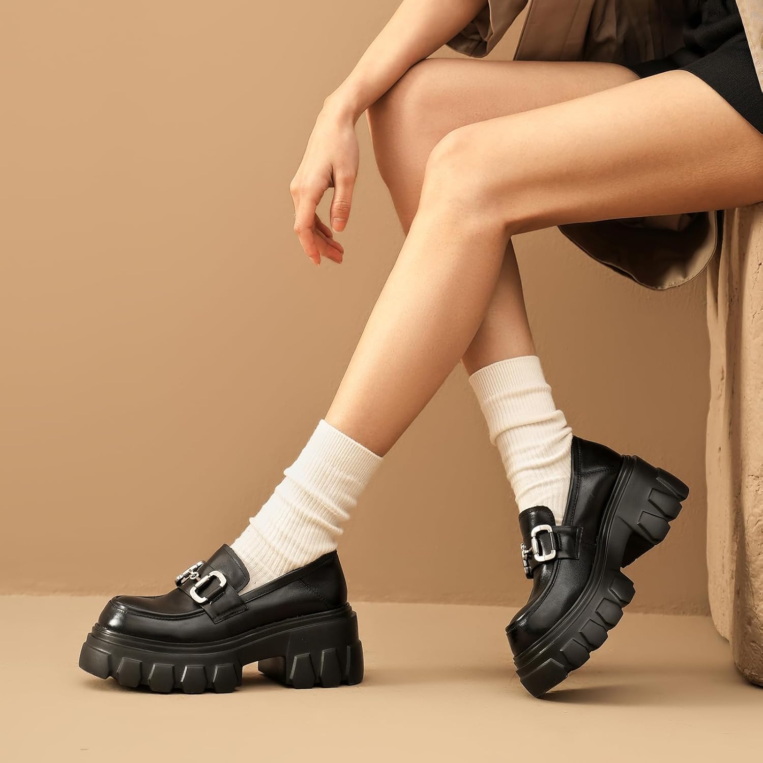 EAU Today Platform Loafers for Women,Leather Chunky Loafers for Women,Heel Lug Sole Slip-on Breathable Horsebit Non-Slip Shoes for Work Business Casual Black US 6 - Image 3