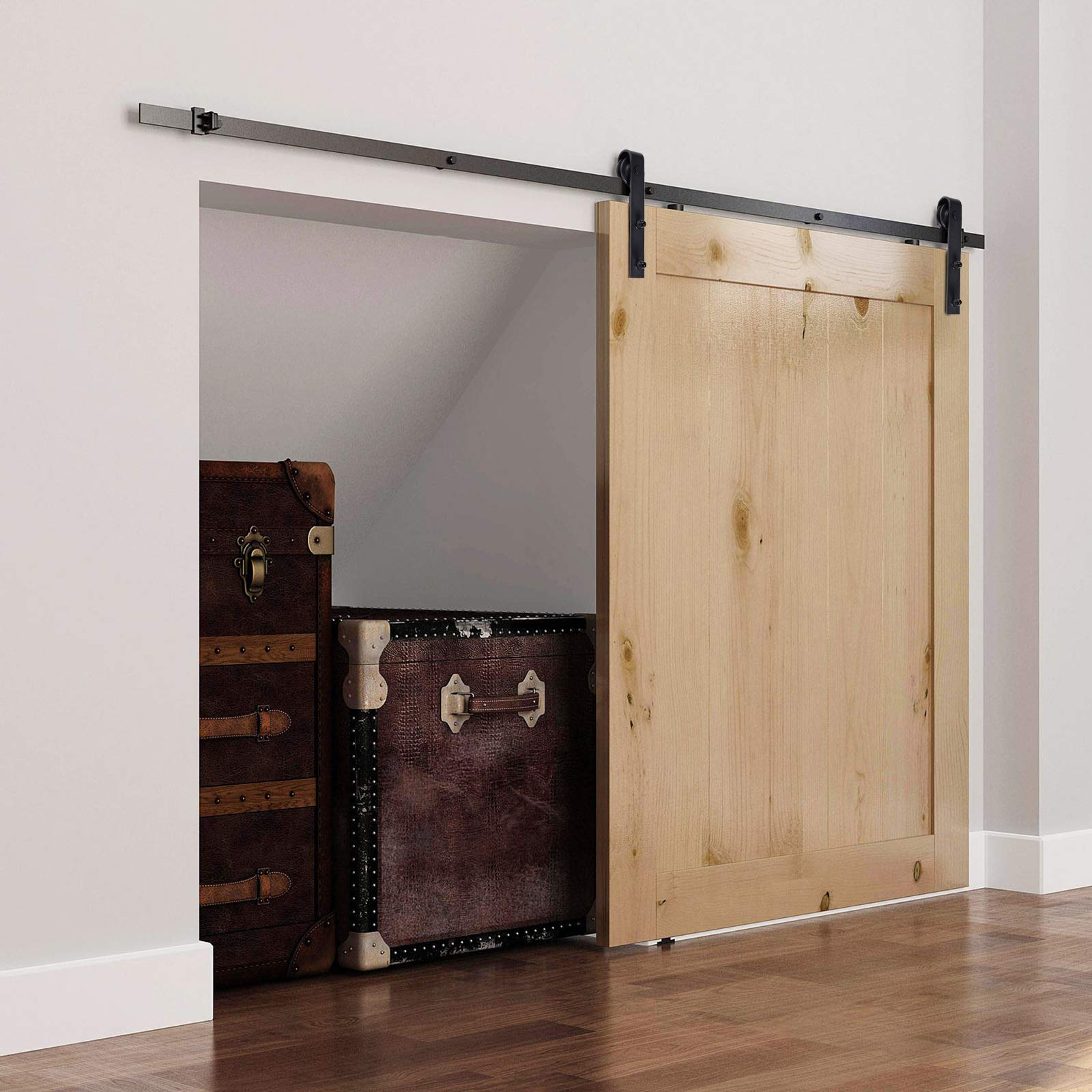 HOMCOM 200cm Binario per Porta Scorrevole Kit Accessori con Binario e Rulli Tappi in Stile Rustico Portata 90kg Acciaio al Carbone Nero