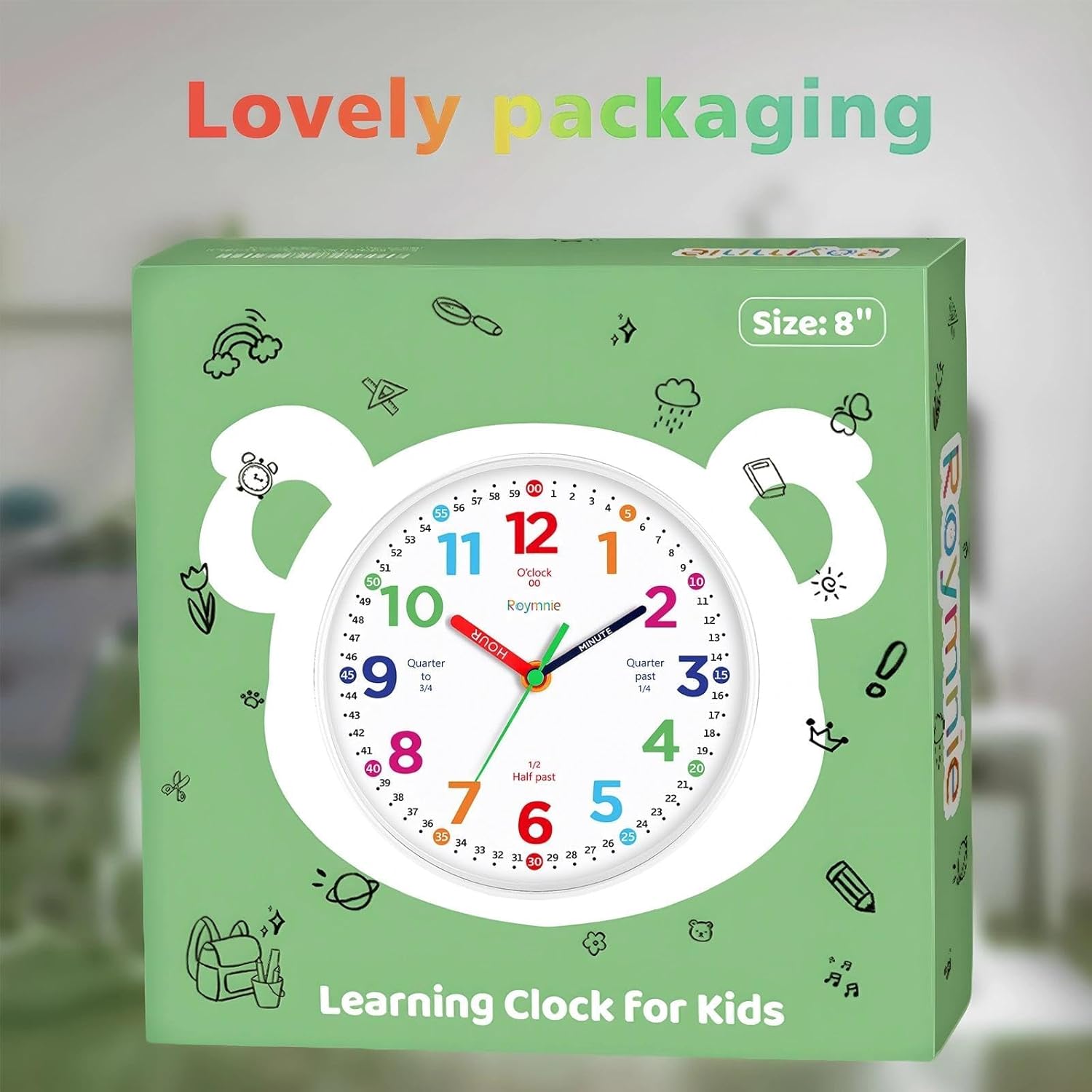 Roymnie14 Inch Wall Clock for Kids Learning to Tell Time Large Analog Silent Battery Operated Teaching Clock Silent Colorful Teaching Time Ideal Gift for Kids Room School(White Grain)