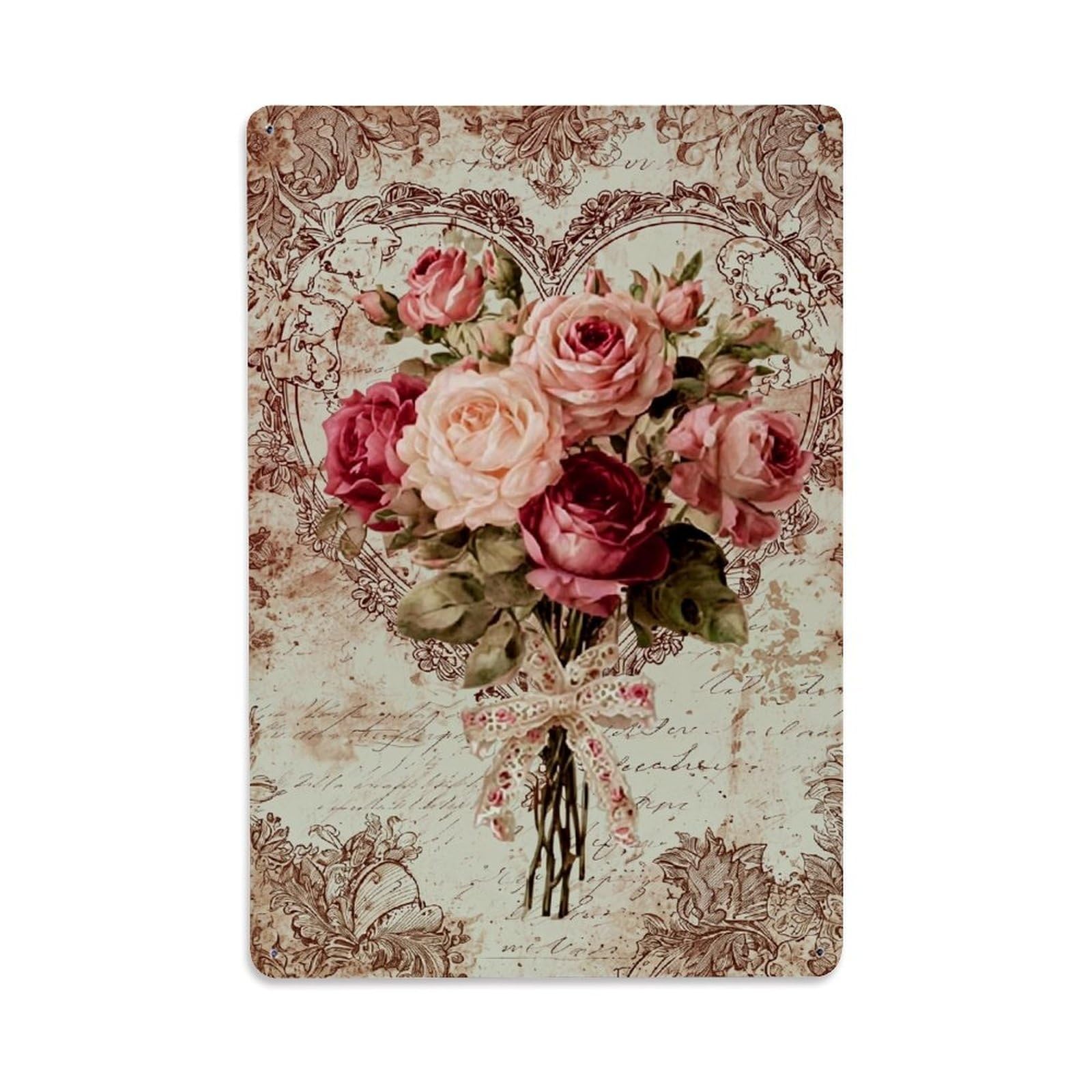 Jdfenggu Vintage Roses Heart Lace Retro Metal Tin Sign, Decor Art Poster For Bar, Home, Man Cave, Kitchen, Laundry Room Gift 8X12inch