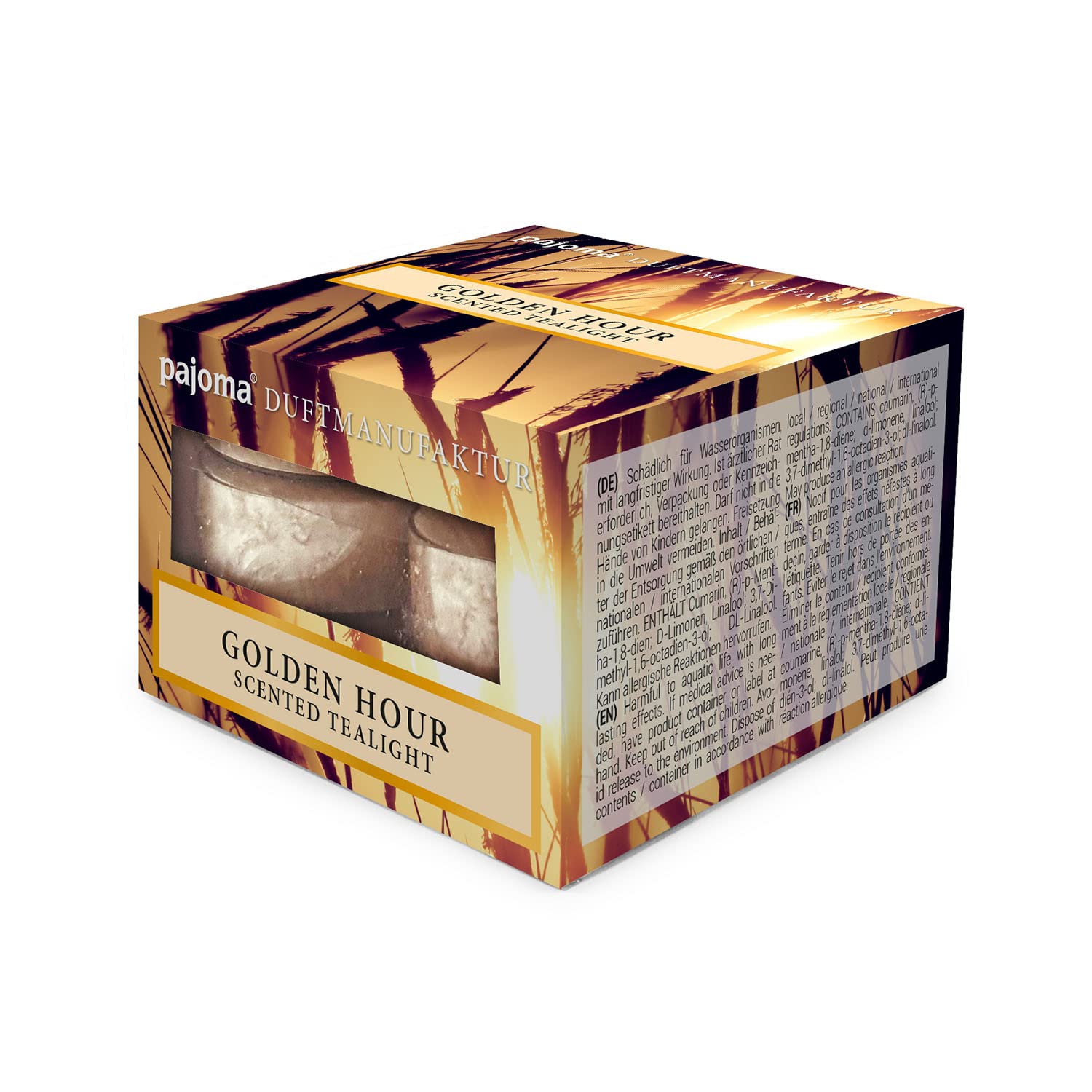 Candele Profumate Pajoma Golden Hour – 12 Pezzi In Custodia Di Policarbonato, Cera Stearica, 3 Ore Di Autonomia, 1,5x3,5 Cm
