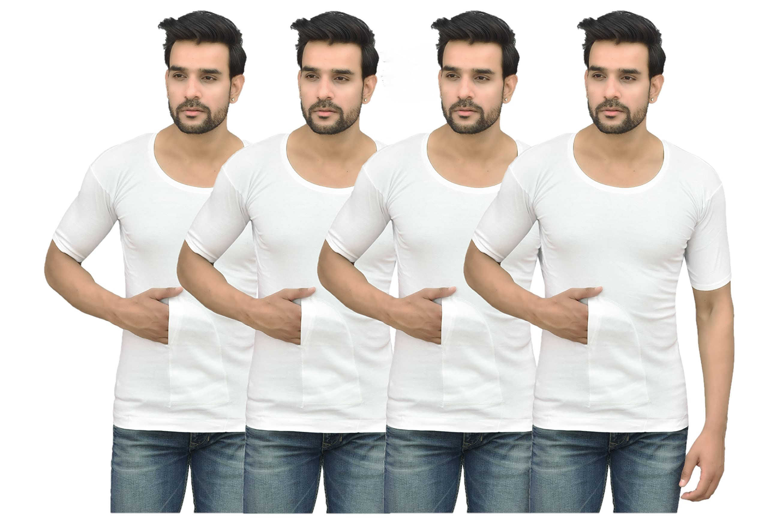 underloop Mona Interlock Cotton White Pocket Vest for Men (Pack of 4)-picture-15