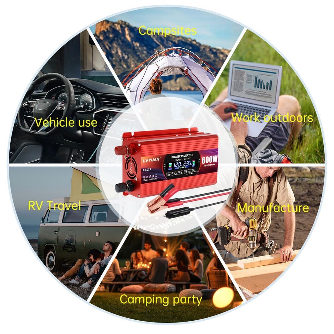 LVYUAN 600W/ 1200W Convertidor de tensión CC 12 V a CA 220V Convertidor de Corriente Inversor para Coche, Autocaravana, camión