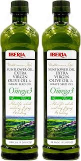 Iberia Mediterranean Style Omega 3 Cooking Oil, 34 fl oz, Blend of Extra Virgin Olive Oil, Grapeseed Oil, Sunflower Oil and Fish Oil (1 Liter) (Pack of 2)
