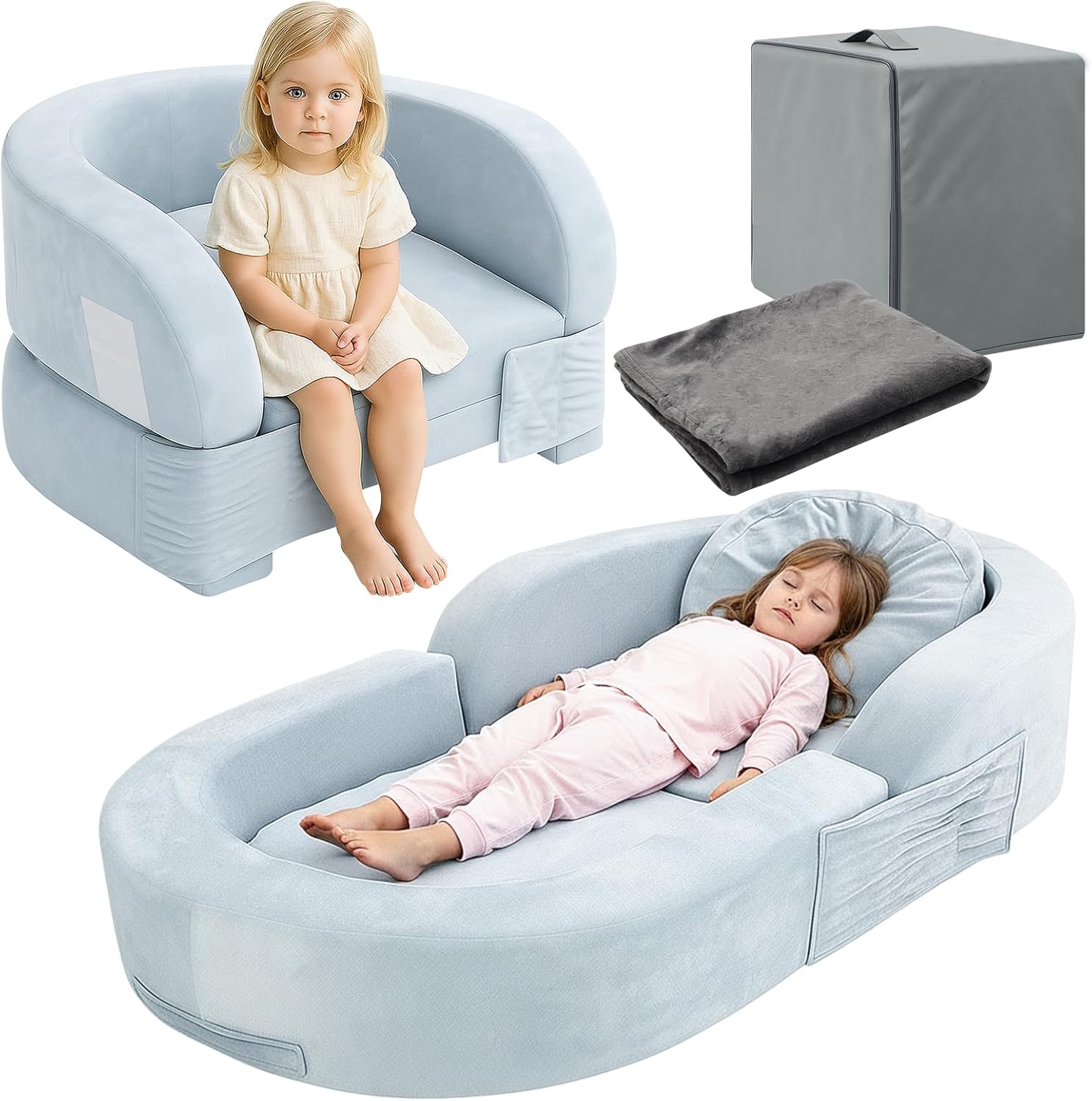 Toddler Travel Bed and Chair Toddler Floor Bed Foldable Portable Toddler Beds for Indoor Outdoor Kids Floor Crib with Washable Cloth Cover, Toddler Cots for Kids Sleeping with Sheet Pillow Case（Blue）