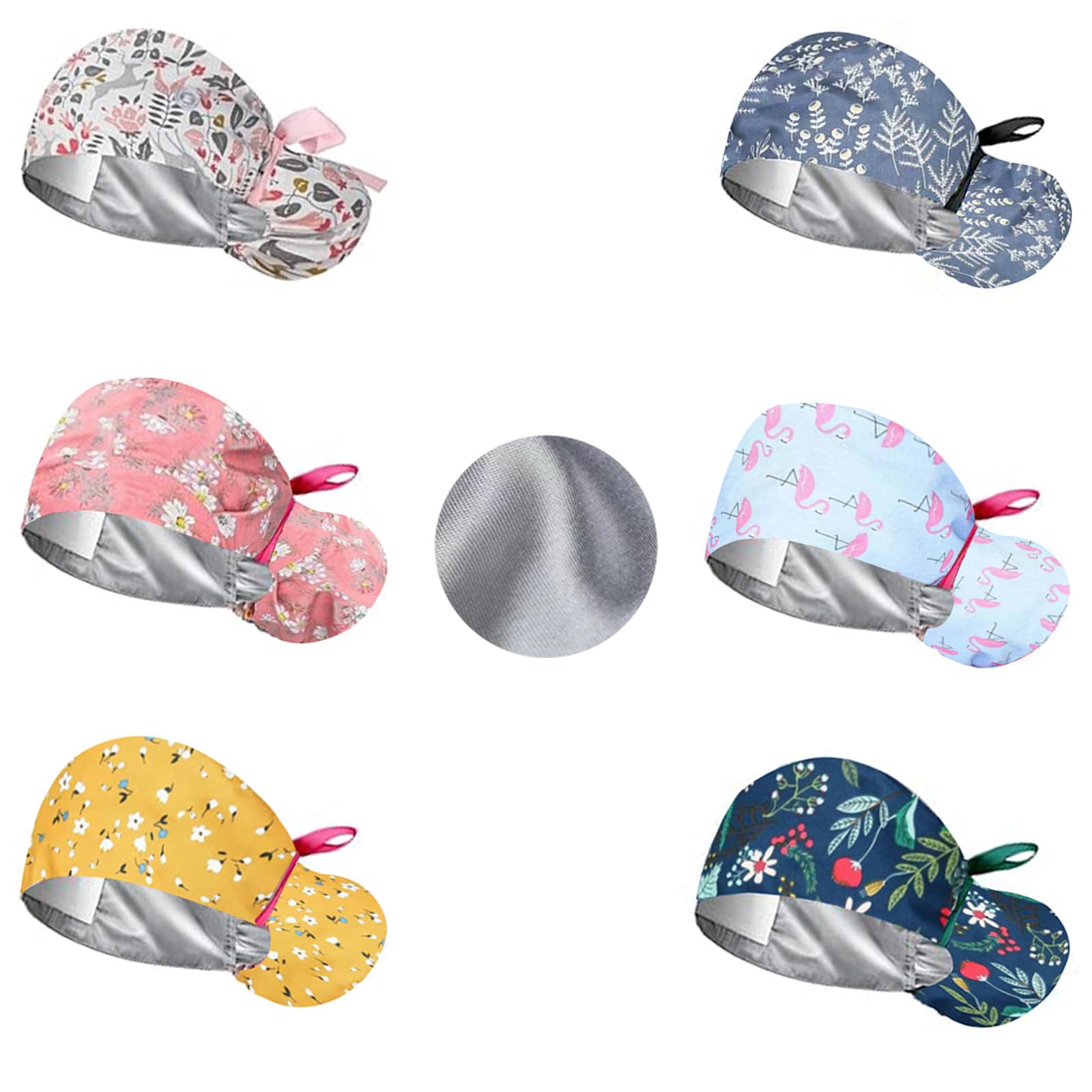 6PCS OP Hauben Damen mit Satinfutter, Verstellbar OP Haube Stoff mit Knopf, Pferdeschwanz Schrubben Kappe mit Baumwolle Schweißband, Arbeitskappe, Baumwolldruck Chirurgische, Satin Haarhaube Kochmütze