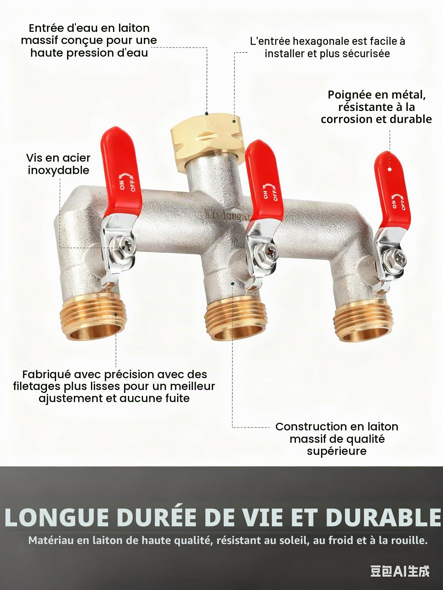 Distributeur d'eau 3 voies, vanne 3 voies, distributeur de raccordement d'eau, distributeur de jardin 3 voies, distributeur 3/4", robuste connexion hexagonale avec adaptateur de