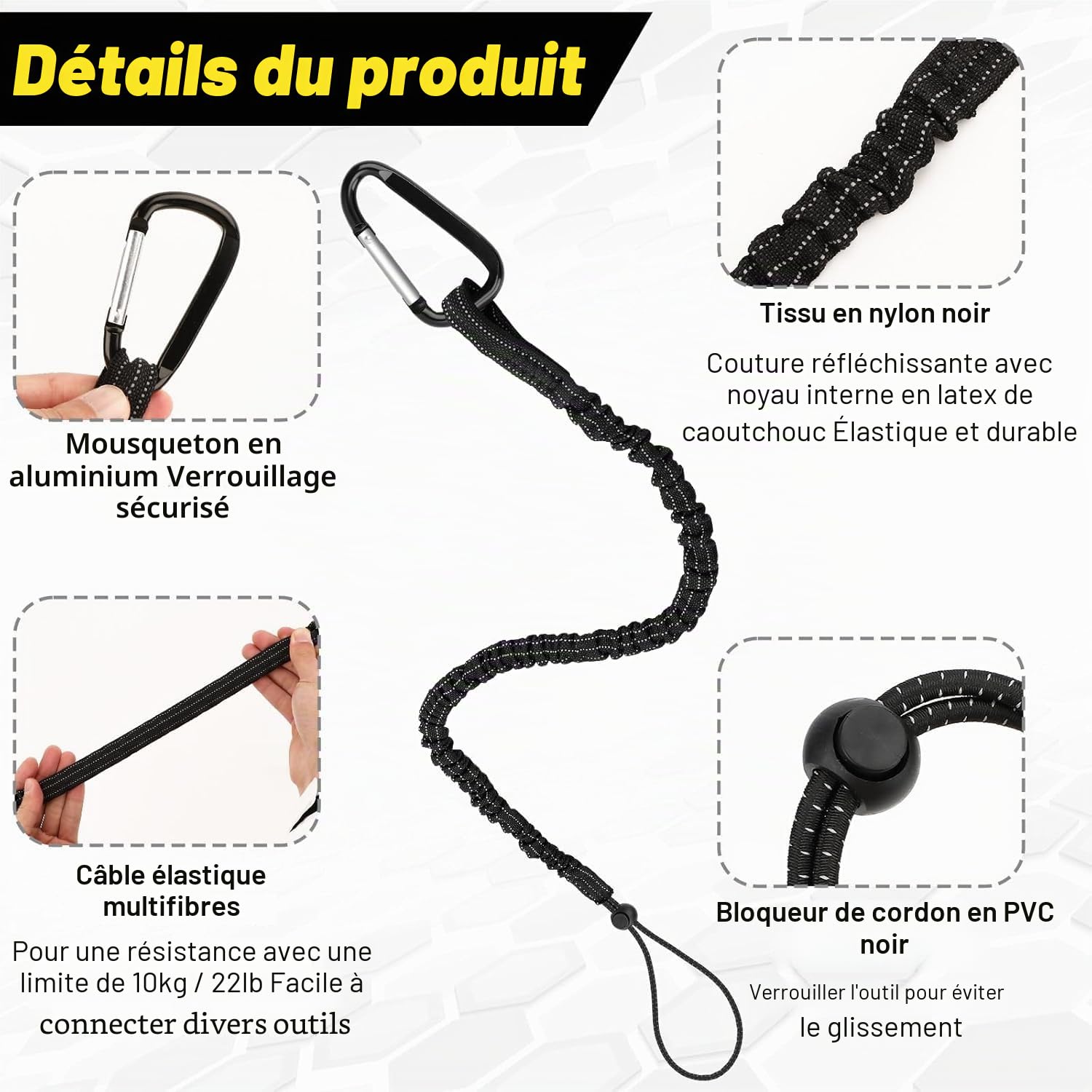 6 Pièce Longe à Outils, Cordon de Sécurité pour Travaux en Hauteur, Lanière de Sécurité avec Mousqueton, Laisse à Outil de Sécurité Rétractable, Outil de Protection Contre Les Chutes, Maximum 15KG