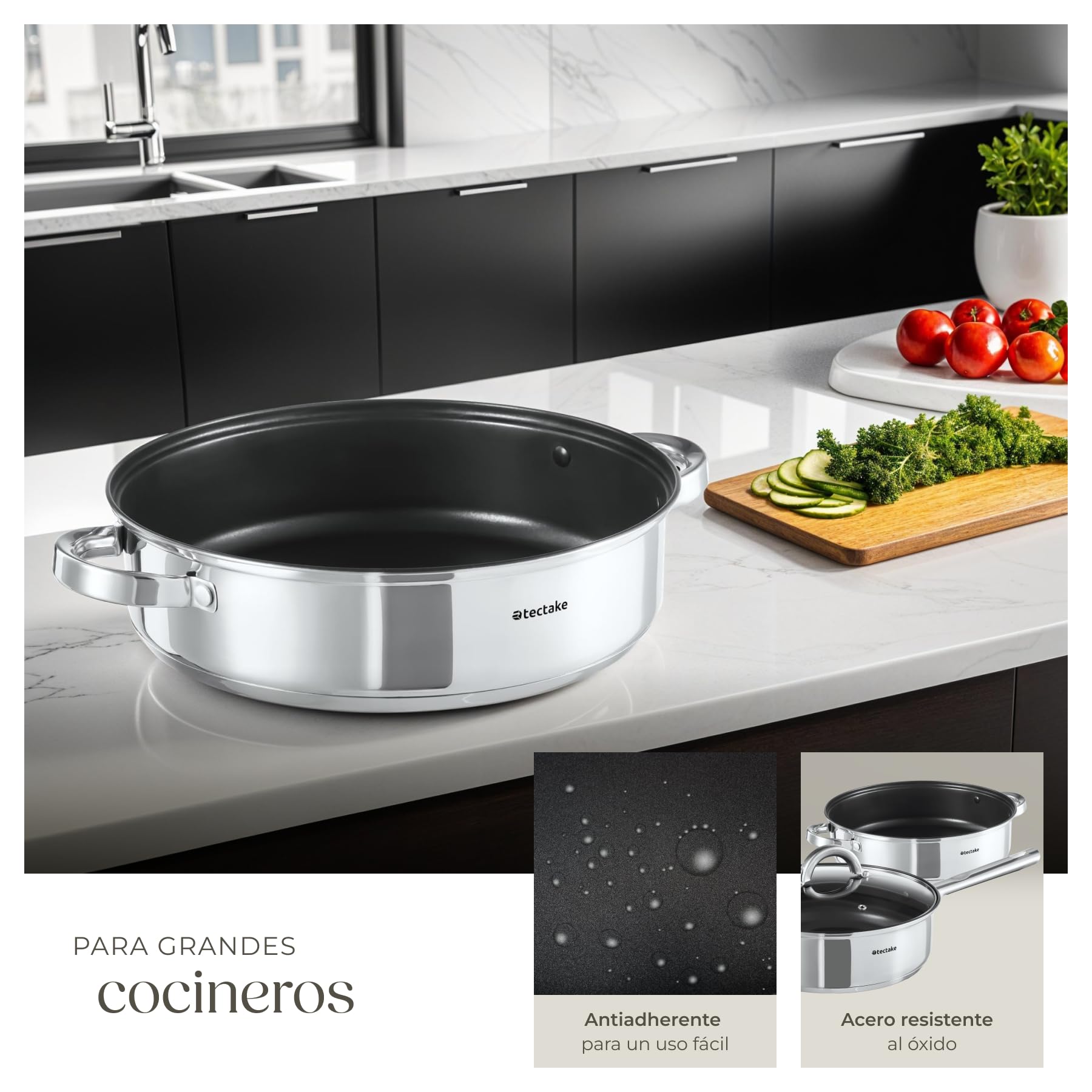 tectake® Batería de Cocina, 15 Piezas, Juego de Ollas y Sartenes con Tapas, Acero Inoxidable, Antiadherente, Apto para Inducción, Gas y Eléctrico, Fácil Limpieza, Ideal para Cocina y Lavavajillas