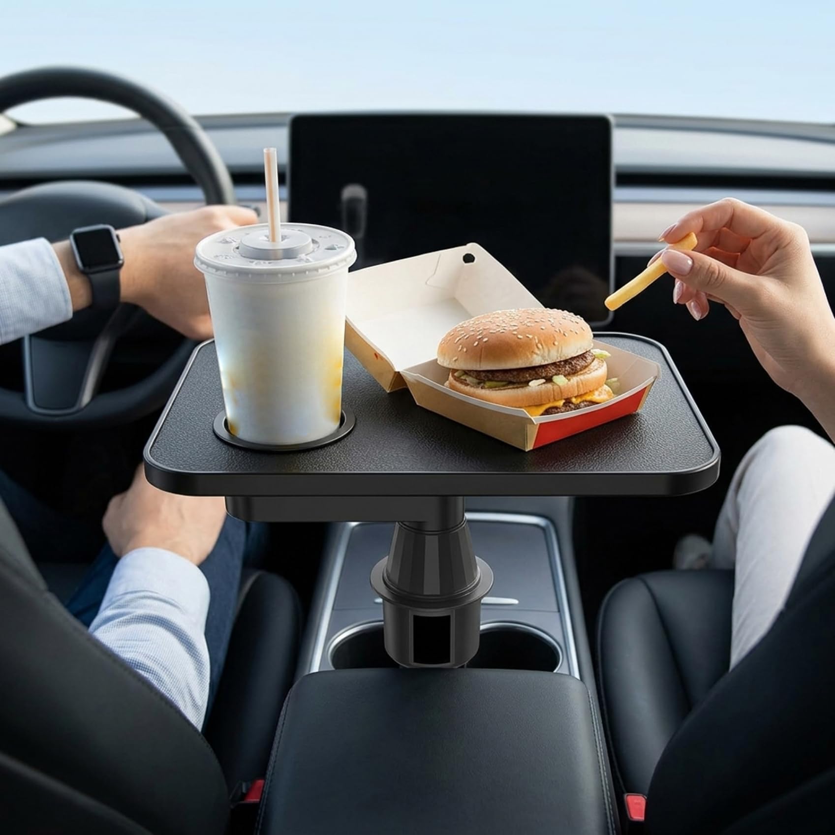 Auto-Schreibtisch für Laptop – um 360° drehbare und verstellbare Auto-Tischablage mit Rutschfester Oberfläche, passend für die meisten Fahrzeug-Getränkehalter, Schwarz