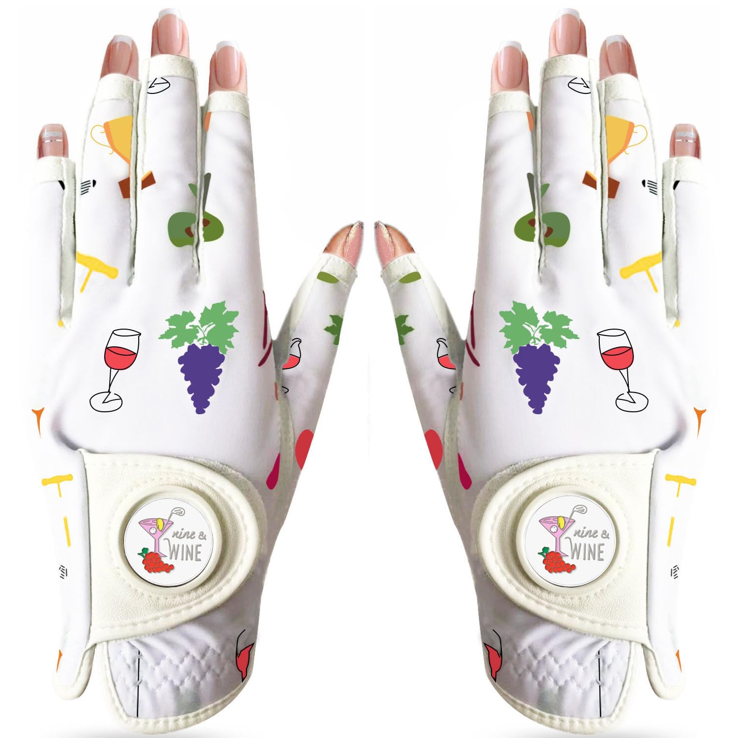 AMRTA Golf Gloves Women Half Finger Left Hand Leather with Ball Marker 1 Pack, Colored Glove for Ladies Right Handed Golfer All Weather Grip (Leisure Time, XL)