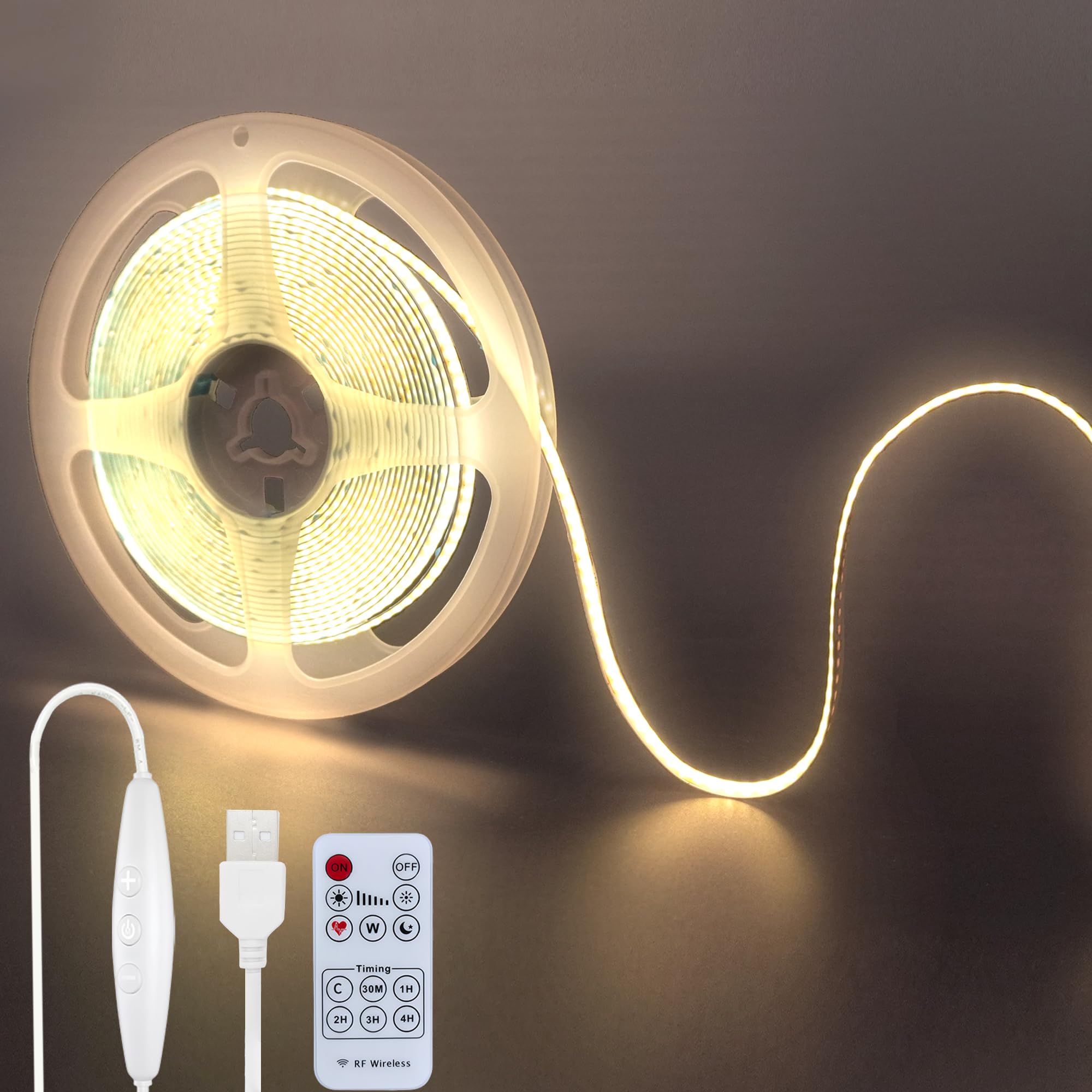 Clearhill 5V USB COB LED Strip Lights with Remote Dimmable Switch,16.4FT/5M,Natural White 4000K,320LEDs/M,8mm Width,Not Waterproof IP20,1.5M USB Switch Cable,for DIY Home Indoor Decoration
