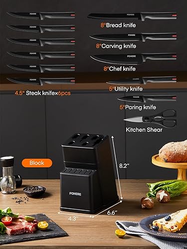 Miniatura 2 de FOHERE Juego de cuchillos de 13 piezas con bloque de acero inoxidable para cocina con afilador integrado, juego de bloques de cuchillos de cocina