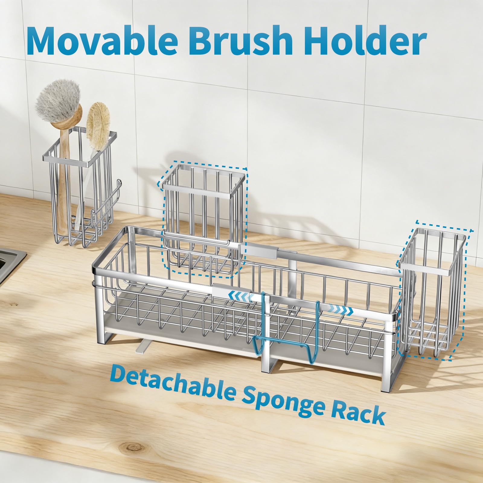 Aurblozen Extra großer ausziehbarer Schwammhalter für Küchenspüle, rostfreier Spülbecken-Caddy Organizer mit hohem Bürstenhalter, Spülseifenspender und Aufbewahrung (Edelstahl)