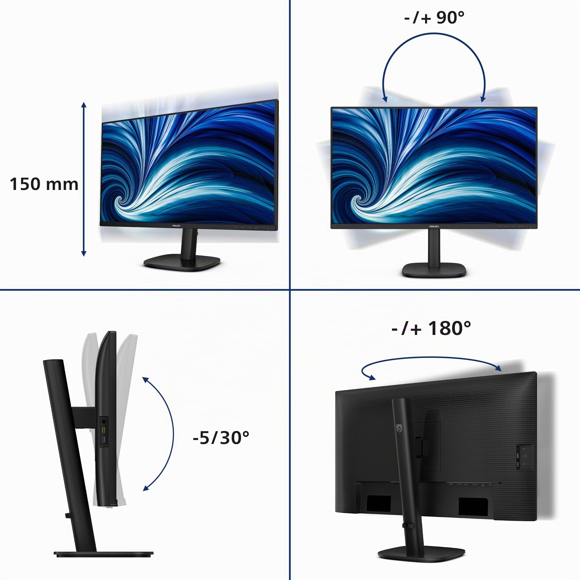 PHILIPS Monitor 27B2U3601 27 pollici 2560x1440, WQHD, 120Hz, IPS Panel, 4ms GtG, USB Hub Speakers, Height Adjustment, (HDMI1x 2.0 DP 1x 1.4) Nero