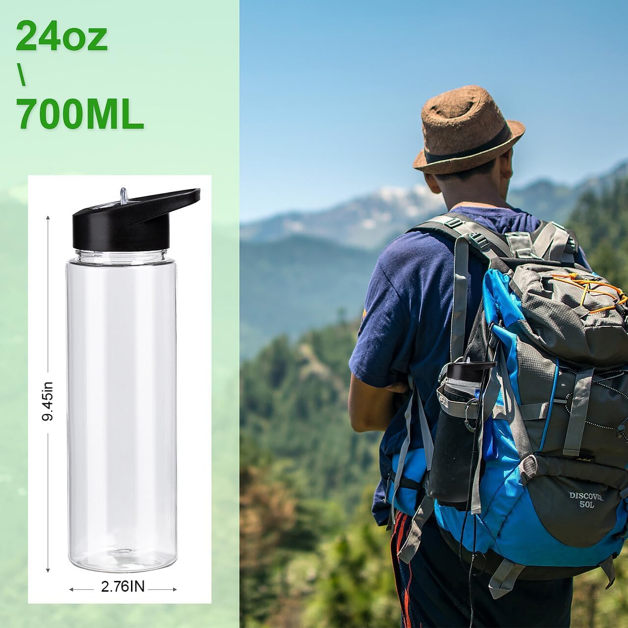 Transparente Wasserflaschen mit Strohhalm, 680 ml, 12 Stück, wiederverwendbare Sport-Wasserflasche mit Griff, Camping, geeignet für personalisiertes DIY-Geschenk