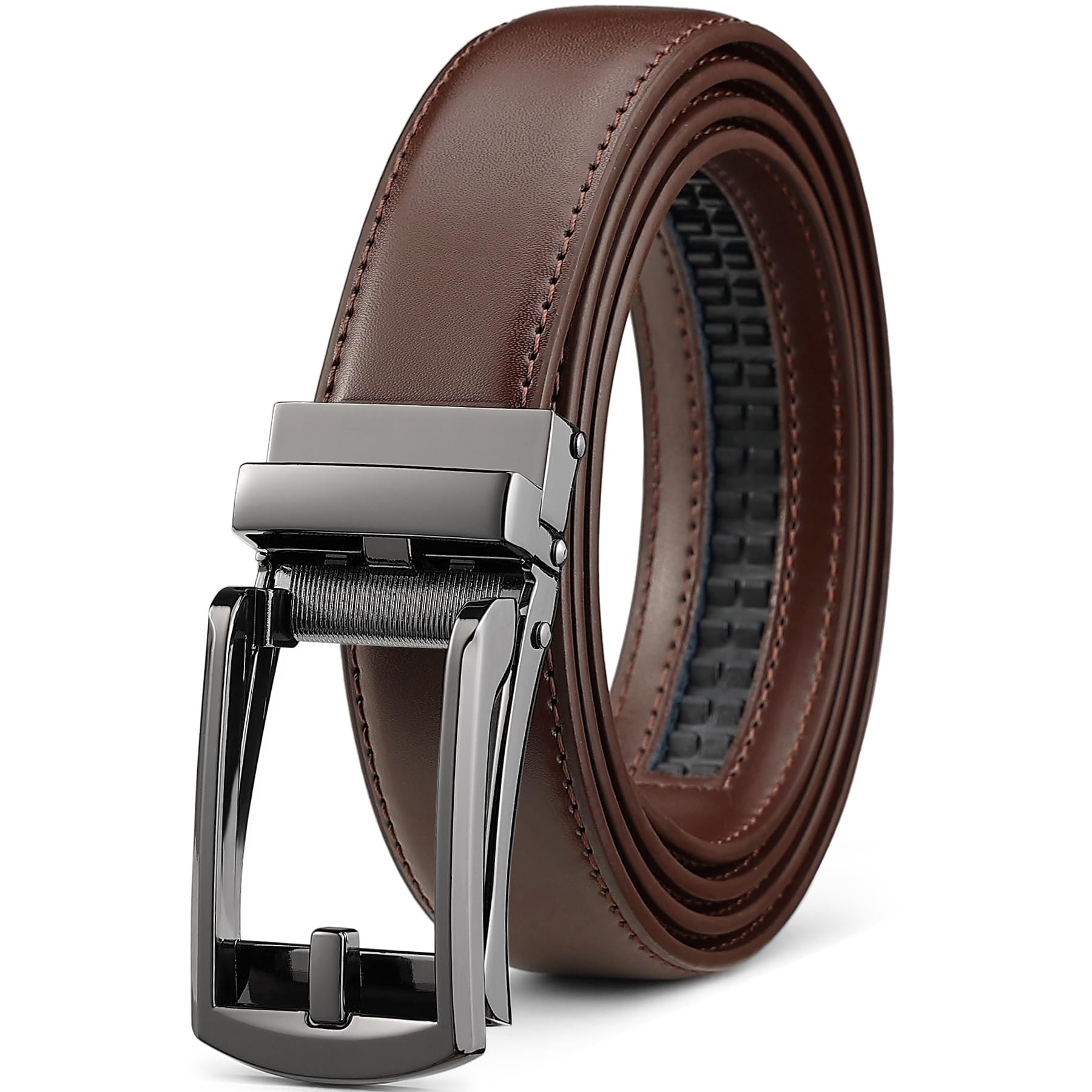 Founders & C Mens Ratchet Belt Leather Click 1 1/4" with Slide Buckle, Casual Dress Belt Adjustable, Gun/Dark Brown, 28 - 34W
