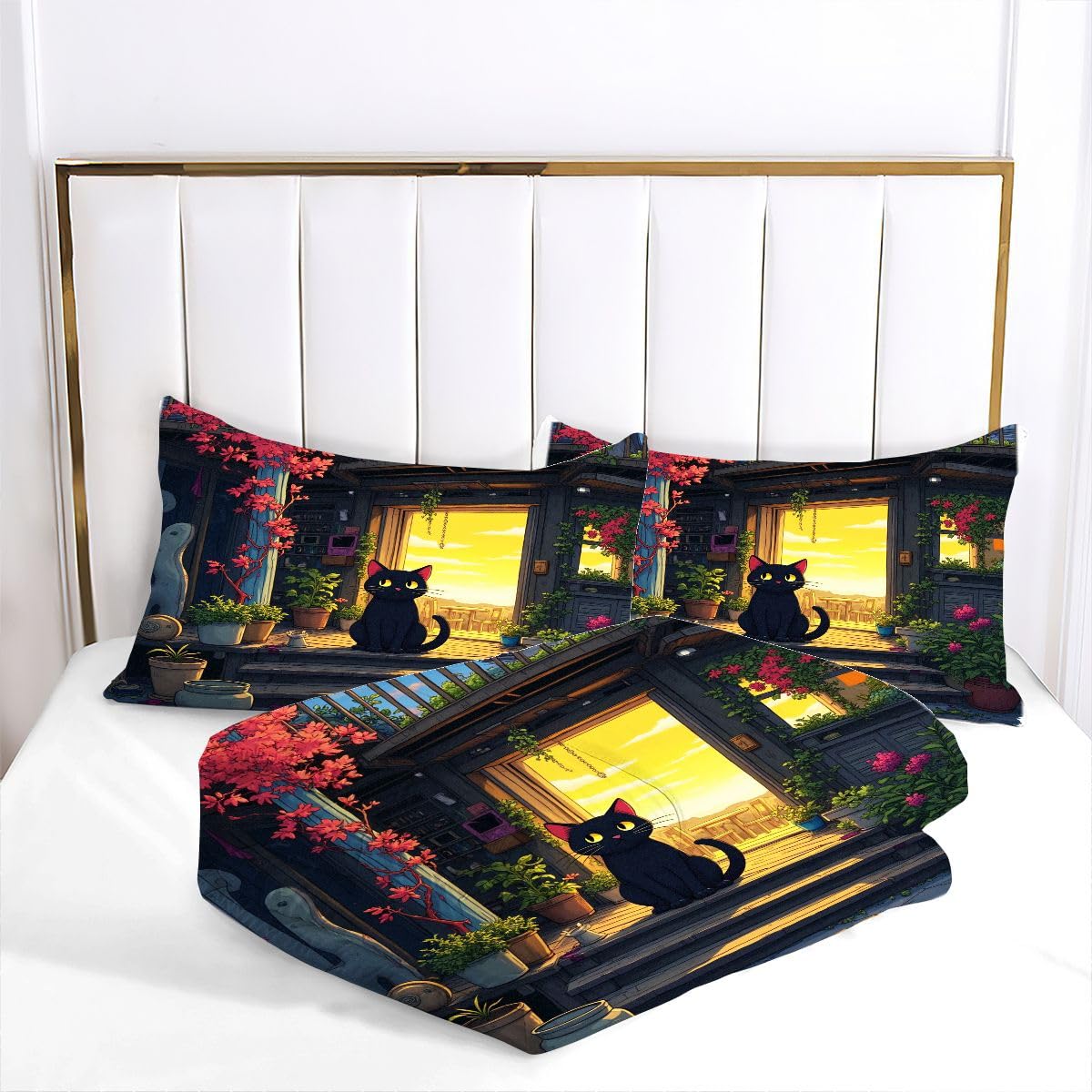 Edredón Nordica Cama 150-220x240 cm Gato Negro de Dibujos Animados, 3 Piezas Juego de Ropa para Adultos, 3D Edredón de Microfibra y 2 Funda de Almohada (220 x 240-50 x 75)