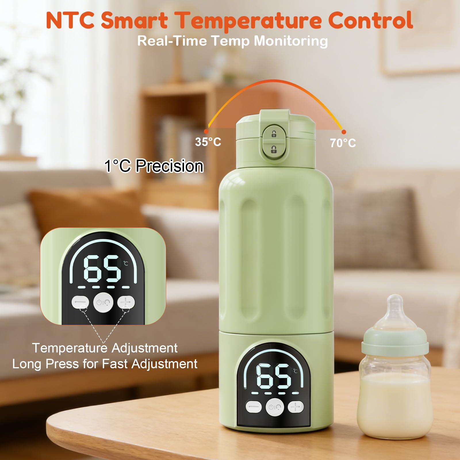 Scaldabiberon, Riscaldamento Rapido e Lunga Durata della Batteria 12000mAh, Controllo della Temperatura, 500ml Scaldabiberon per Tutto il Giorno per Latte Materno, Formula o Acqua (Verde)