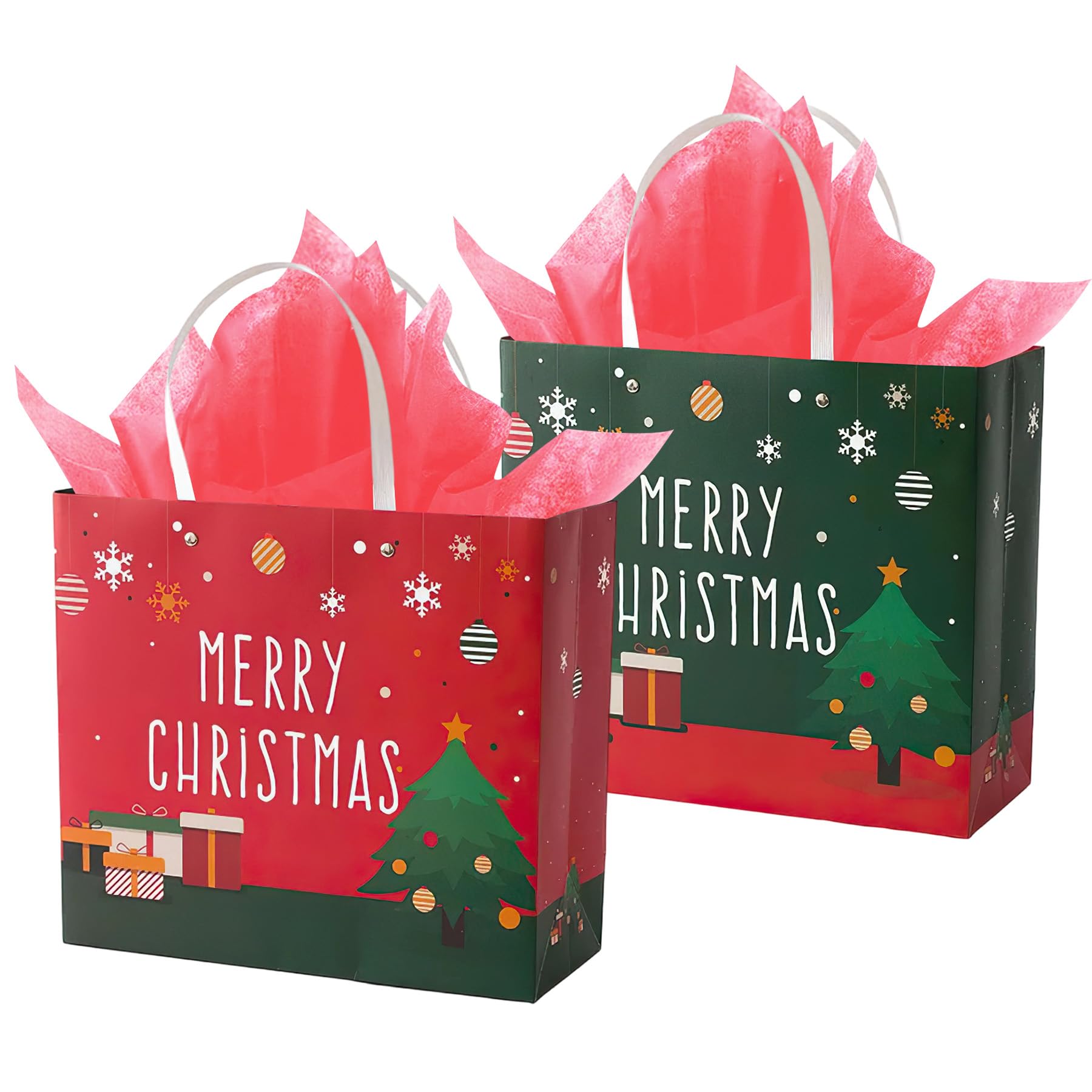 OPUHOHR 2 Pack Large Christmas Tote Bags with Tissue Paper, Xmas Gift Bags with Handles, Christmas Party Supplies for Friends, Family, Teachers, Coworkers