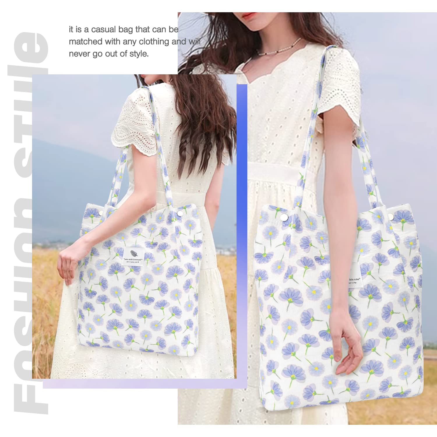 LHMTQVK Corduroy Tote Bags for Women Large Capacity Corduroy Bag Reusable Grocery Shoulder Bag with Inner Pockets, Dark - Image 4