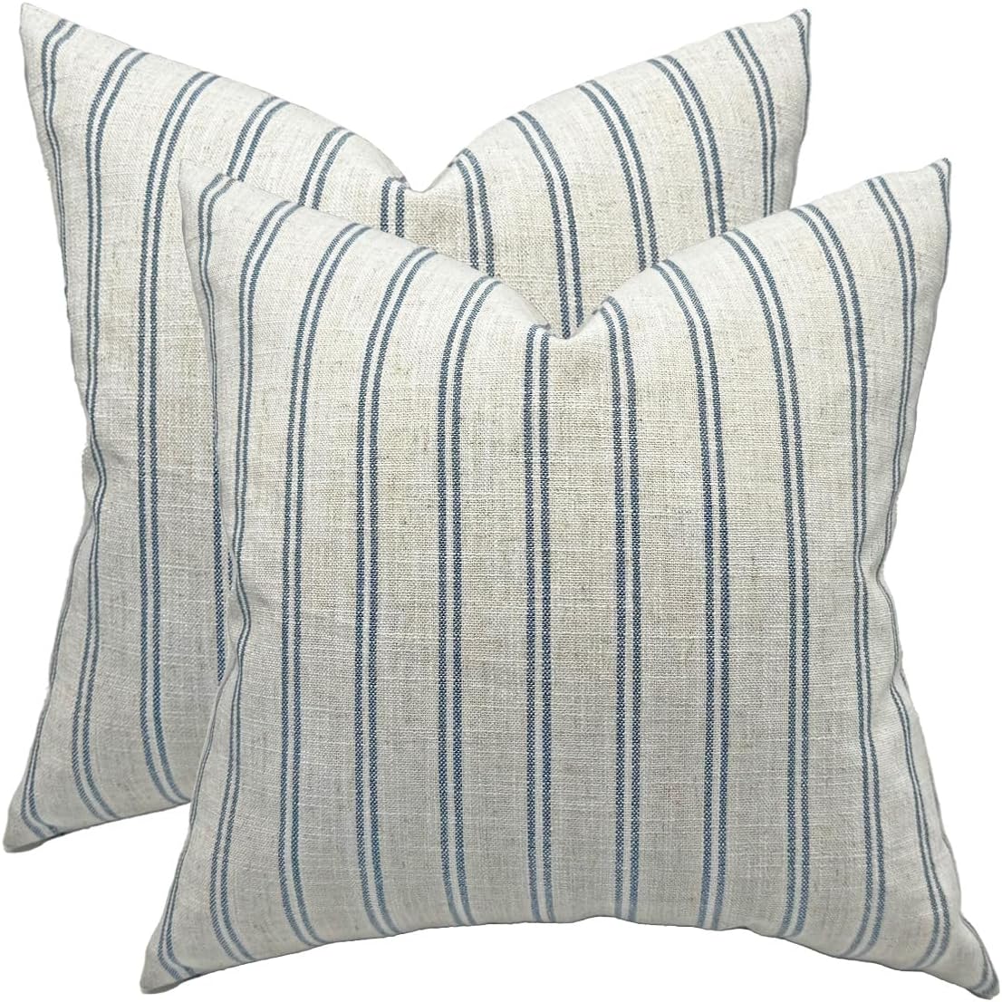 IKATYARN Farmhouse Linen Throw Pillow Cover, Striped Decorative Retro Pillowcase for Sofa Bedroom Pack of 2, 18x18 Inches Blue Striped 18" x 18" (Pack of 2)