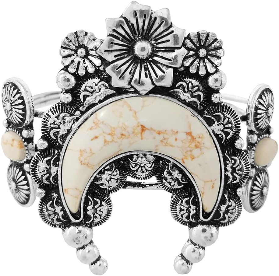 Rosemarie & Jubalee Women's Western Style Squash Blossom Semi Precious Howlite Stone Open Cuff Bracelet, 2.5"