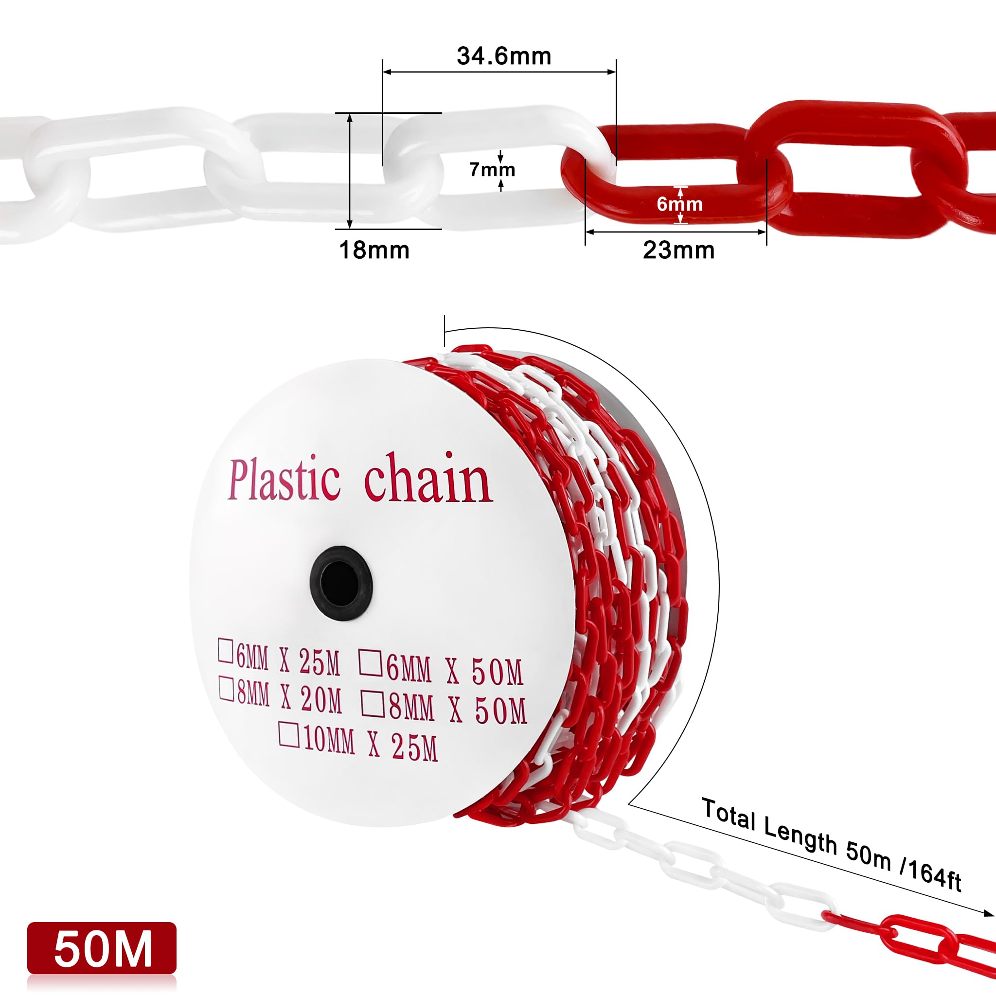 Cadena de plástico de 50 m, color rojo y blanco, 6 mm de grosor, de plástico, cadena de seguridad para construcción, postes de cierre para cierre
