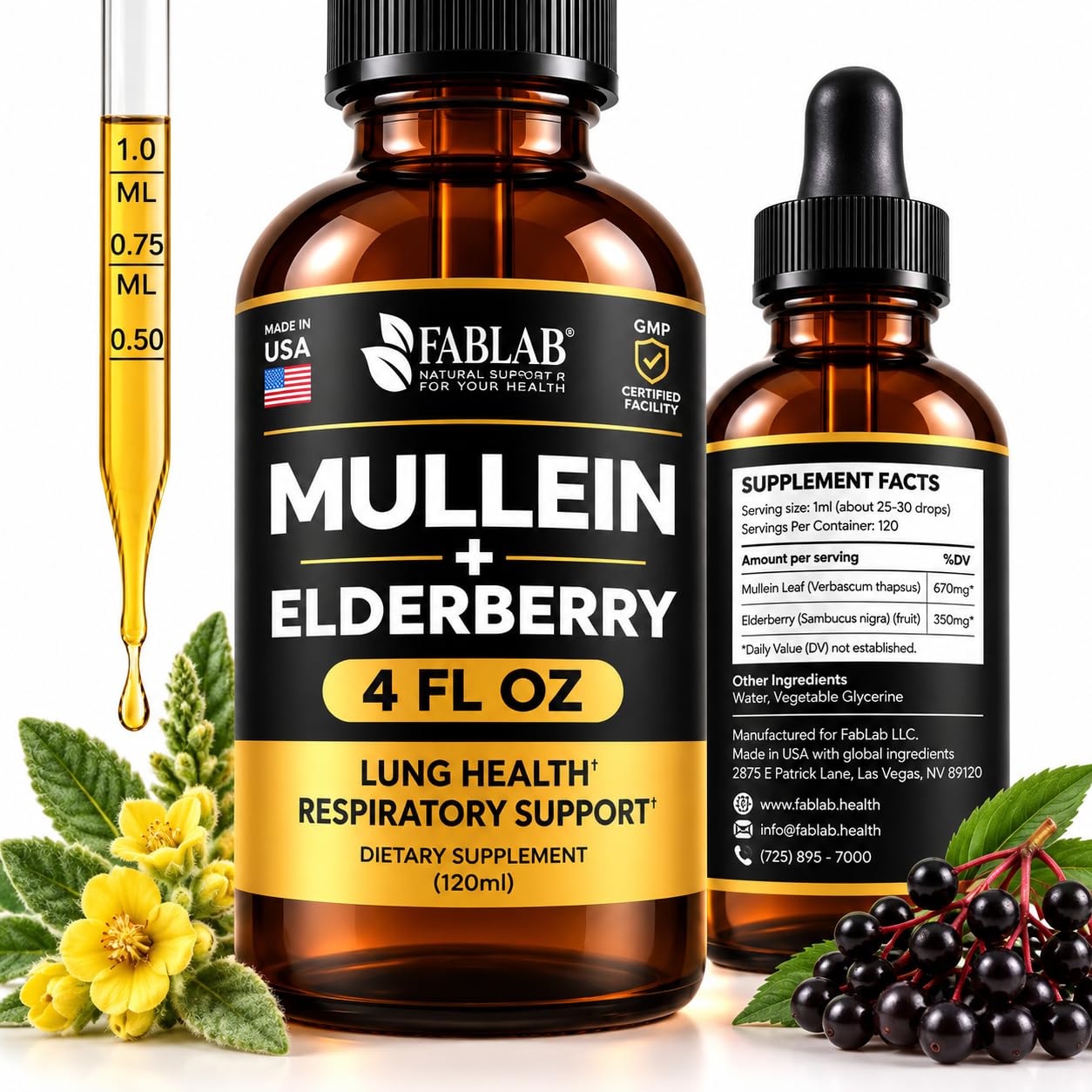 FabLab Mullein Drops with Elderberry, Mullein Tincture, 4 Fl Oz Made in USA