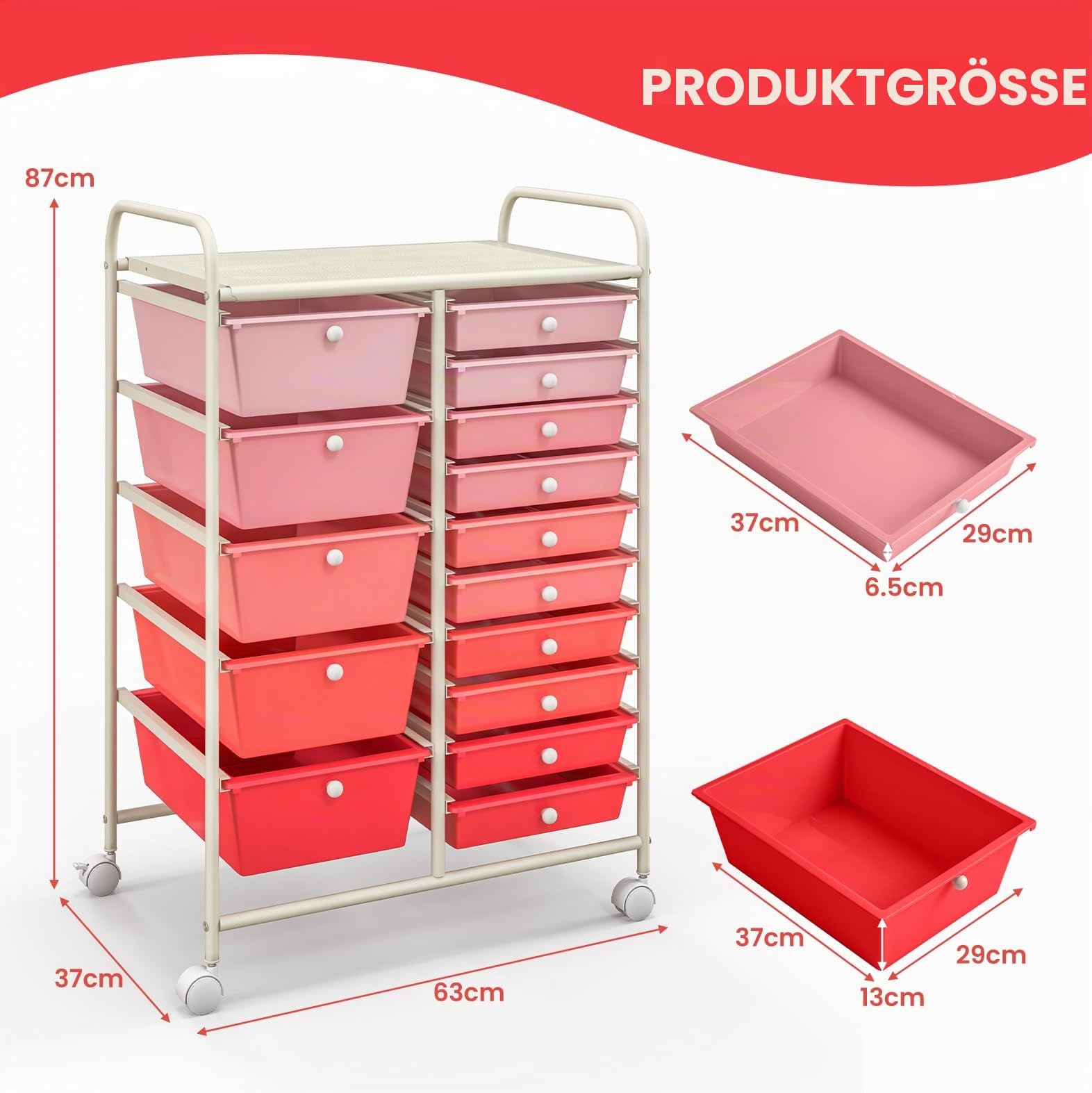 KOMFOTTEU Rollwagen mit 10/15 Schubladen stapelbar, Badrollwagen Rollcontainer mit Metallrahmen, Allzweckwagen Haushaltswagen Beistellwagen für Bad & Küche (Rosa, 15 Schubladen)