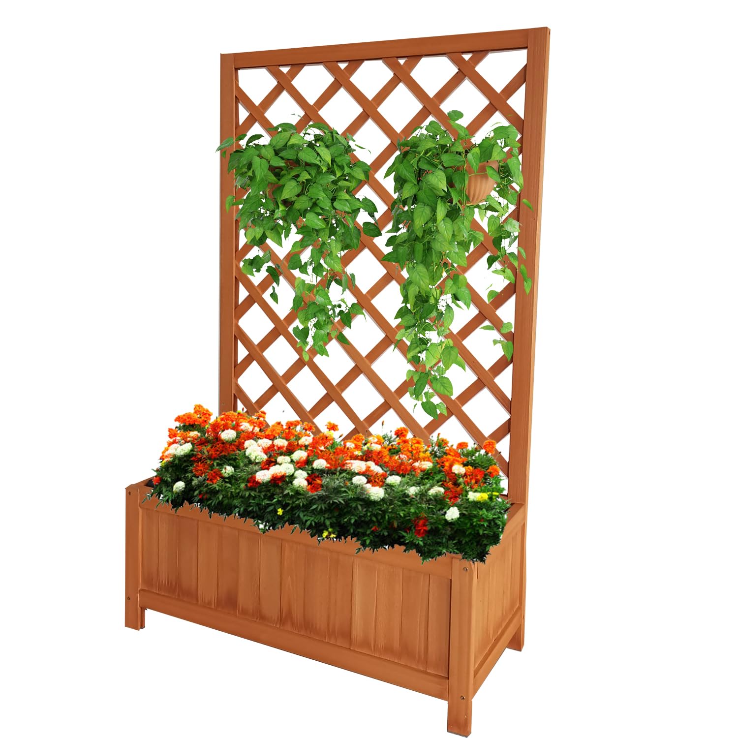 Vivo Technologies Large Rectangular Wooden Planter with Liner and Lattice Trellis Panels for Climbing Plants, 70x30x135cm Flower Plant Pot Box for Garden Patio, Natural