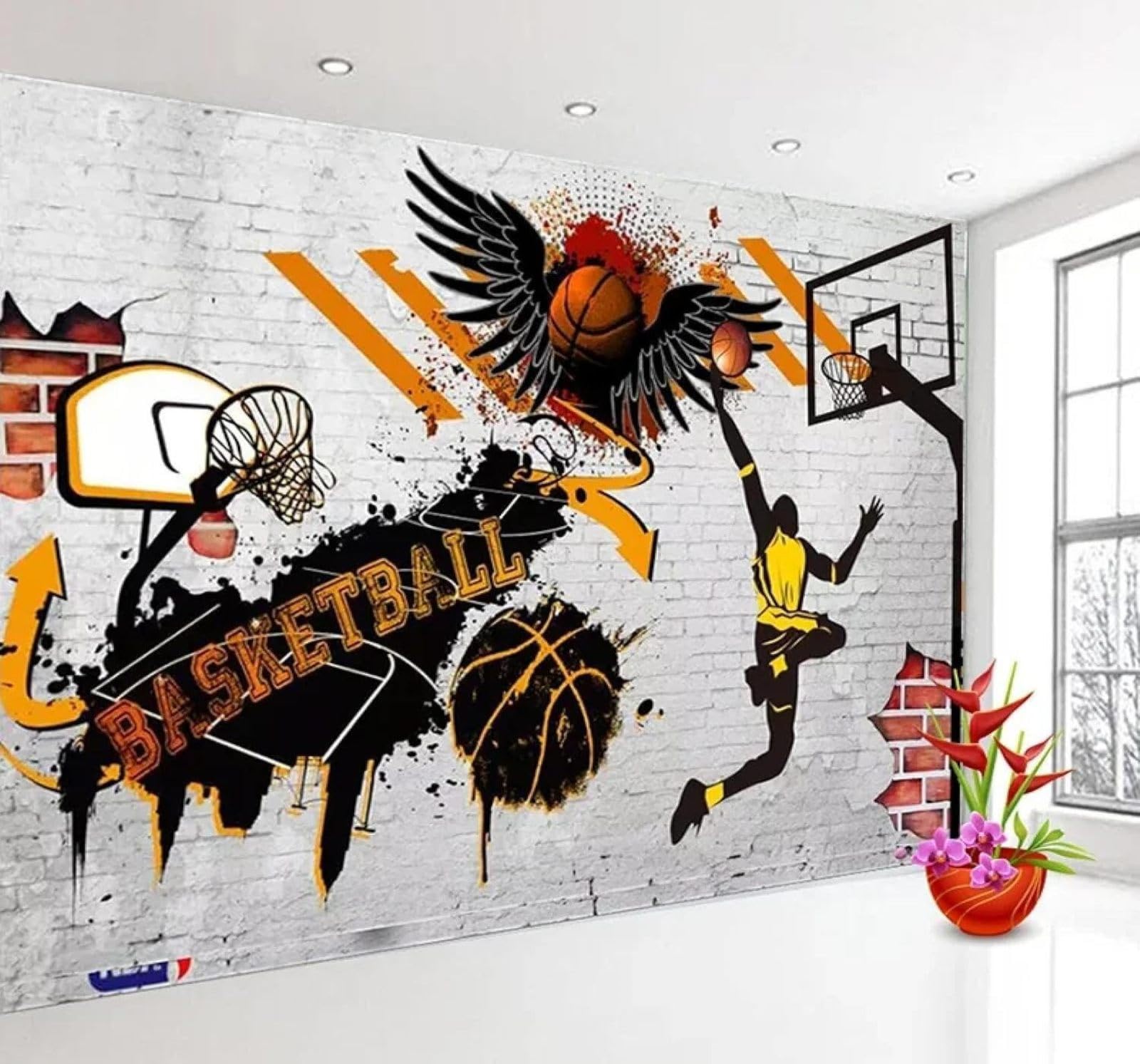 Xlming 250Cm×170Cm(B×H) Vintage Brick Wall Basketball Athlete Poster 3D Wallpaper Luxury Home Dining Decor Paste Sofa Living Room The Wall For Bedroom Mural-250Cm×170Cm