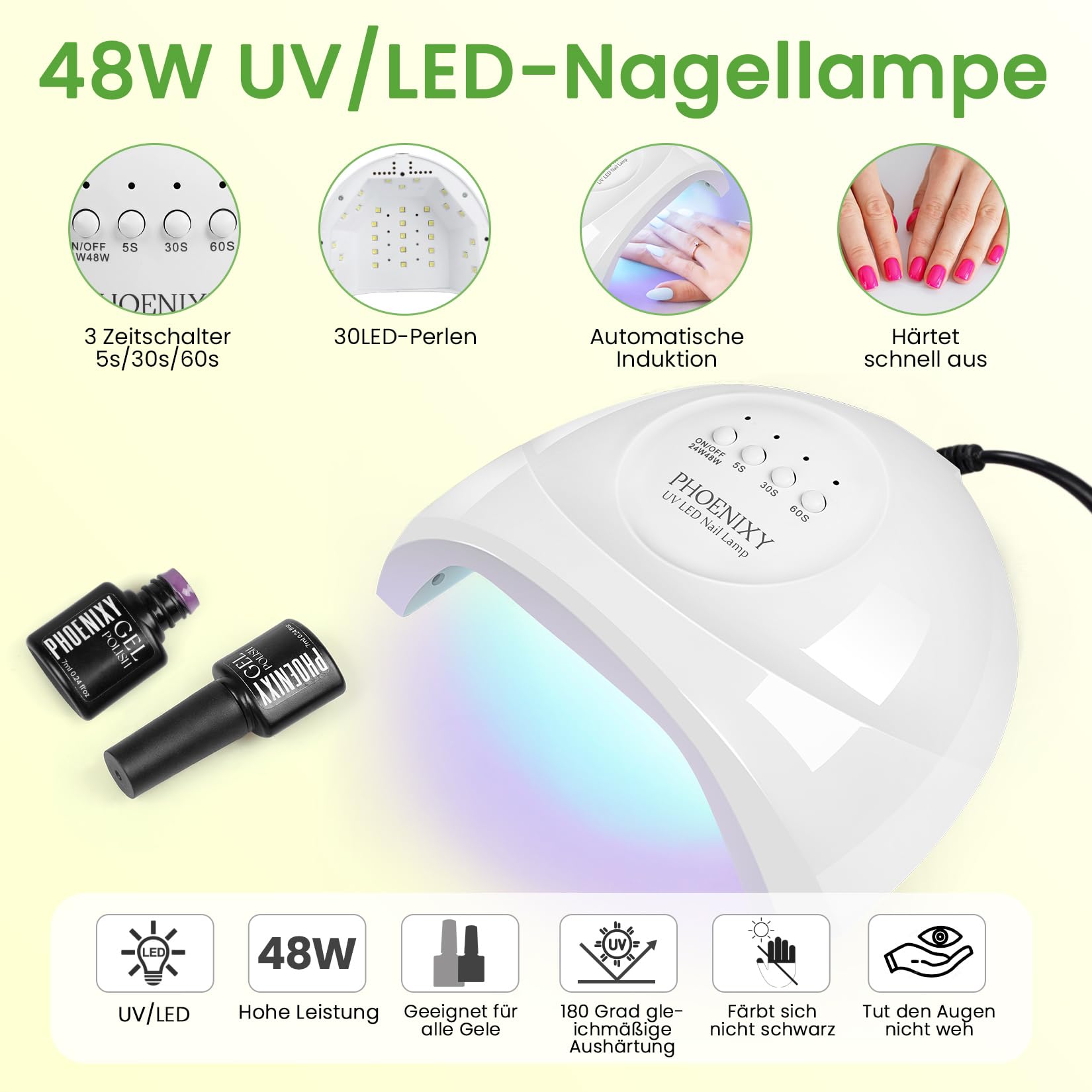 Phoenixy 60 Stück U V Nagellack Set, 54 Farben Nagelset Gelnägel Starterset mit 48W U V/LED Nagellampe Gelnägel Starterset mit Unterlack Überlack Geschenk für Frauen