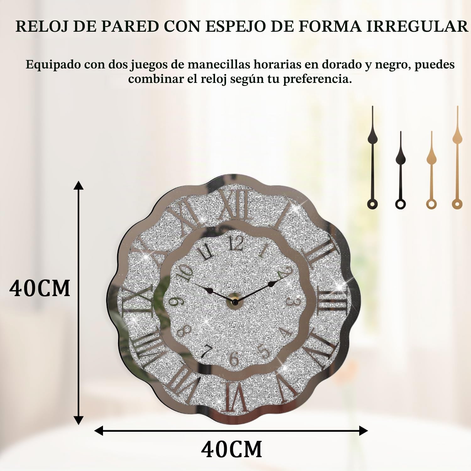 Reloj de pared con espejo de diamante triturado, reloj de cristal plateado moderno para dormitorio, decoración única para el hogar, espejo de cristal, para sala de estar, oficina, comedor