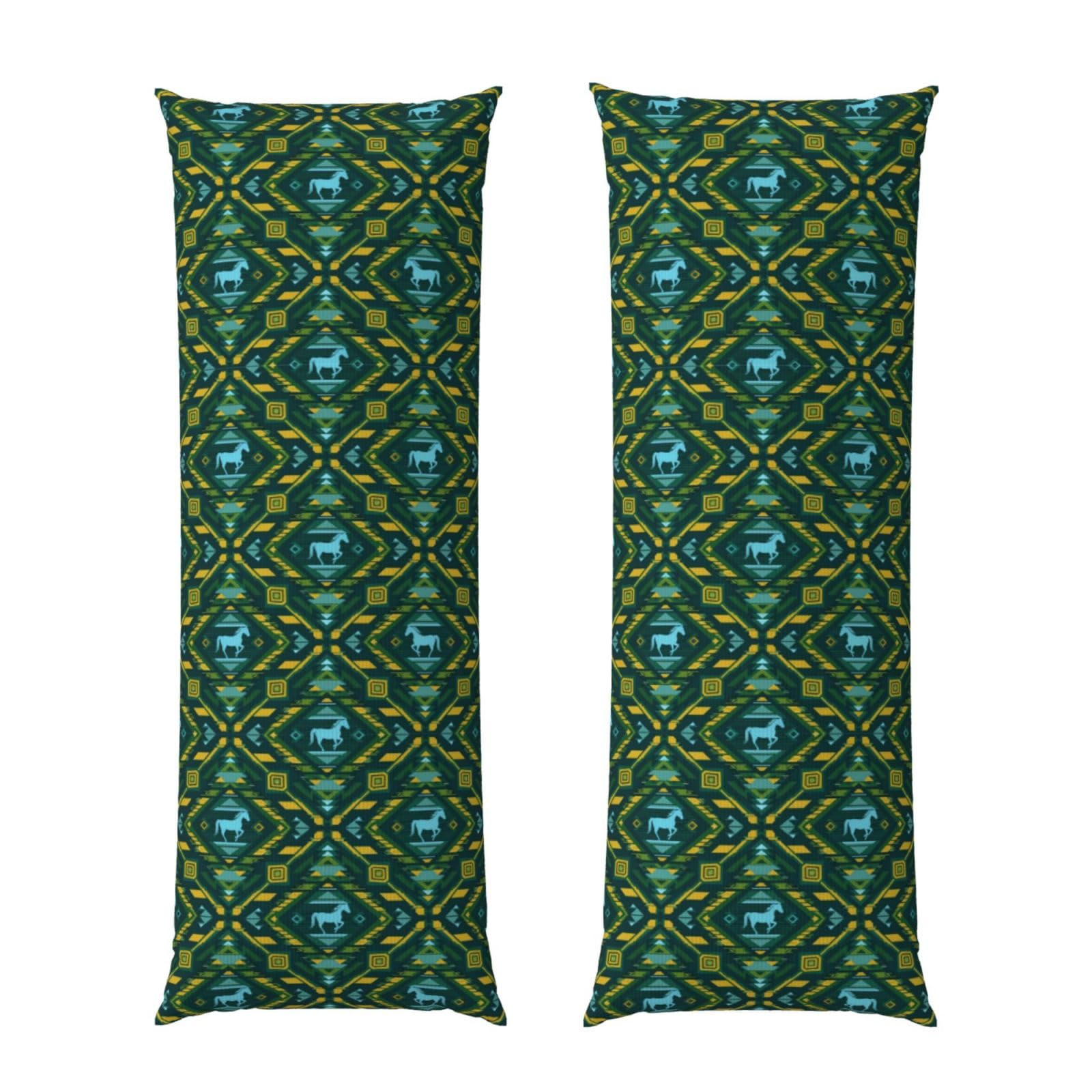 Body Pillow Cover 20x60 Teal Green Native American Tribal Ethnic Western Horse, Zippered Microfiber Pillowcase, Soft Cozy Cushion Case, Wrinkle Fade Resistant for Bed Couch