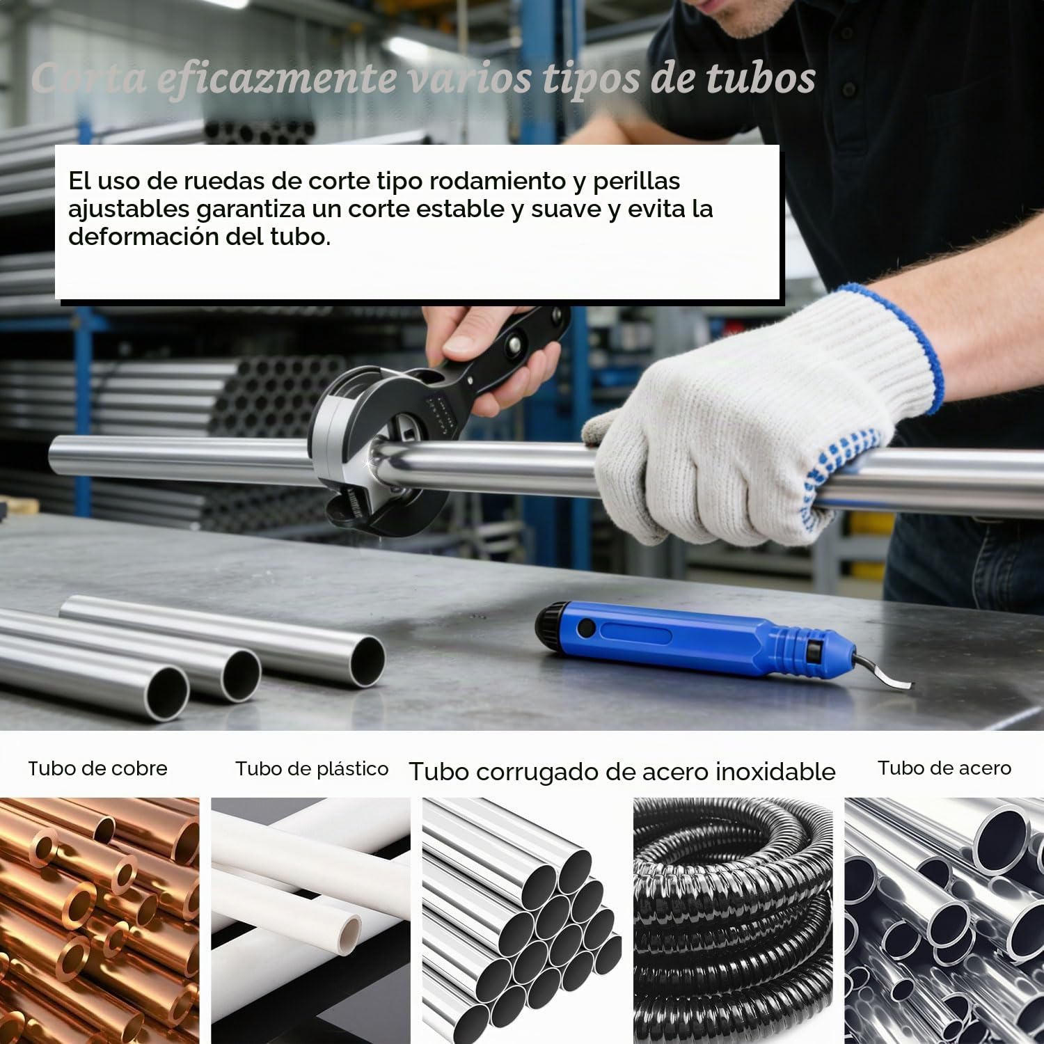 8-29 mm Trinquete Cortatubos PVC de Tubos con 3 Cuchillas de Repuesto Herramienta de Desbarbador Multicapa Guantes y Apto para Tubos de Corta Tubo Cobre Acero Inoxidable Acero Aluminio y PVC