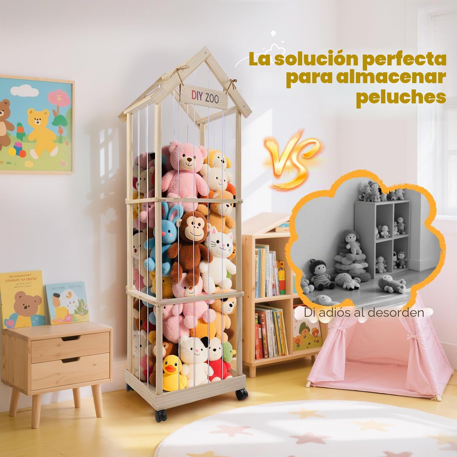 Caja de Almacenamiento para Peluches, 146 47x35CM de Madera Maciza con Ruedas Giratorias Bloqueables de 360°, Ideal para Habitaciones de Bebés, Salas de Estar