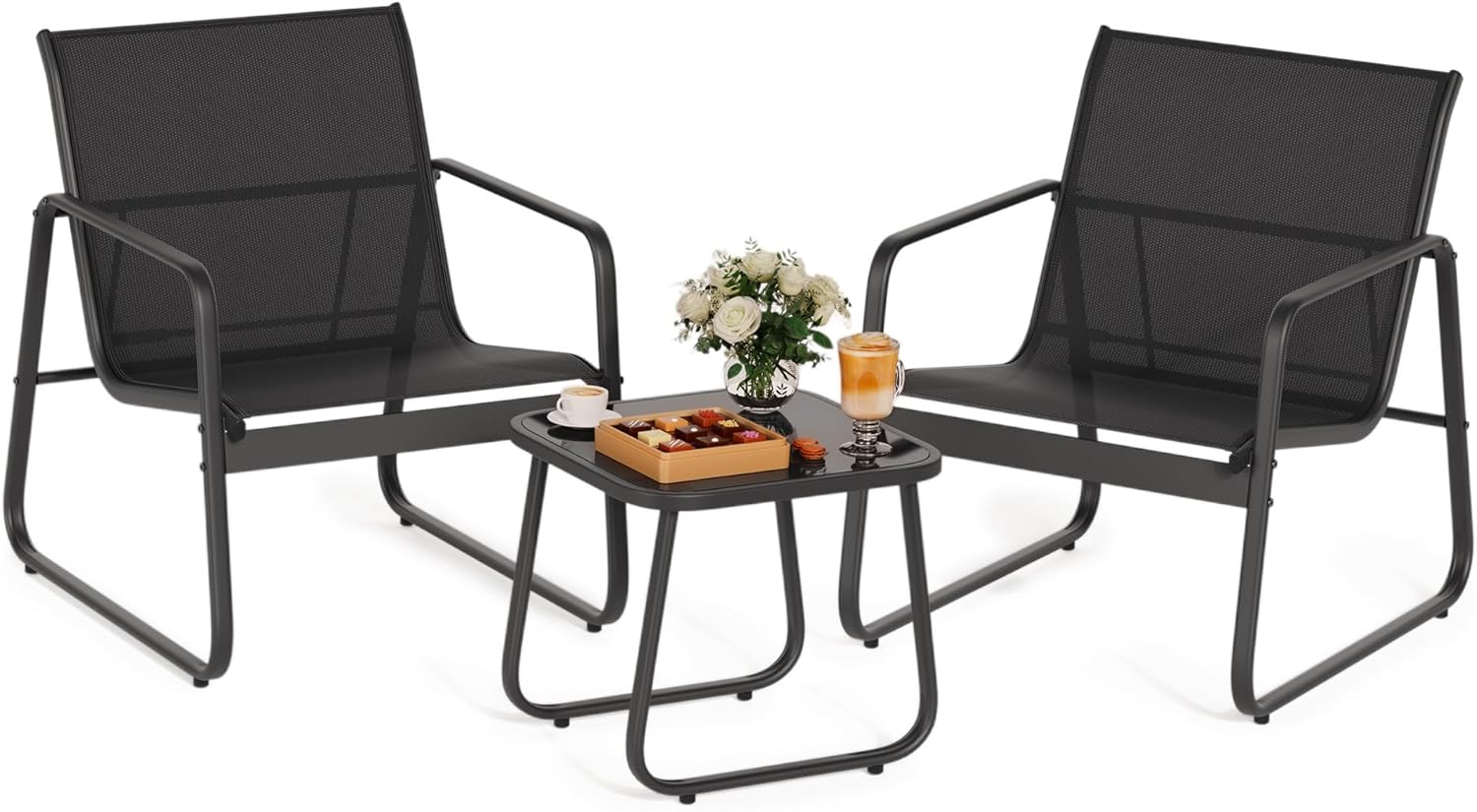 Gizoon Patio Chairs Set of 2, Patio Bistro Set 3PCS, Outdoor Patio Furniture Set with Rust-Resistant Metal Frame, 330LBS Capacity，for Balcony/Lawn/Patio/Pool, RCS Certified Recycled Material, Black