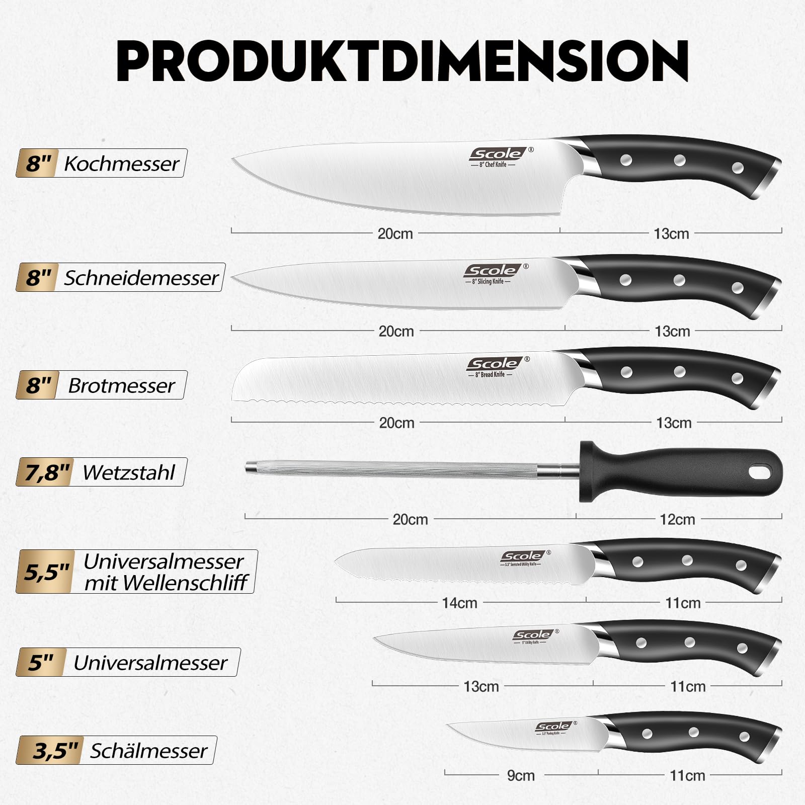 SCOLE® Messerset, Rasierscharf Küchenmesser Set 7-teilig mit Wetzstab, Messer Set, Profi Kochmesser Set Geschenkbox