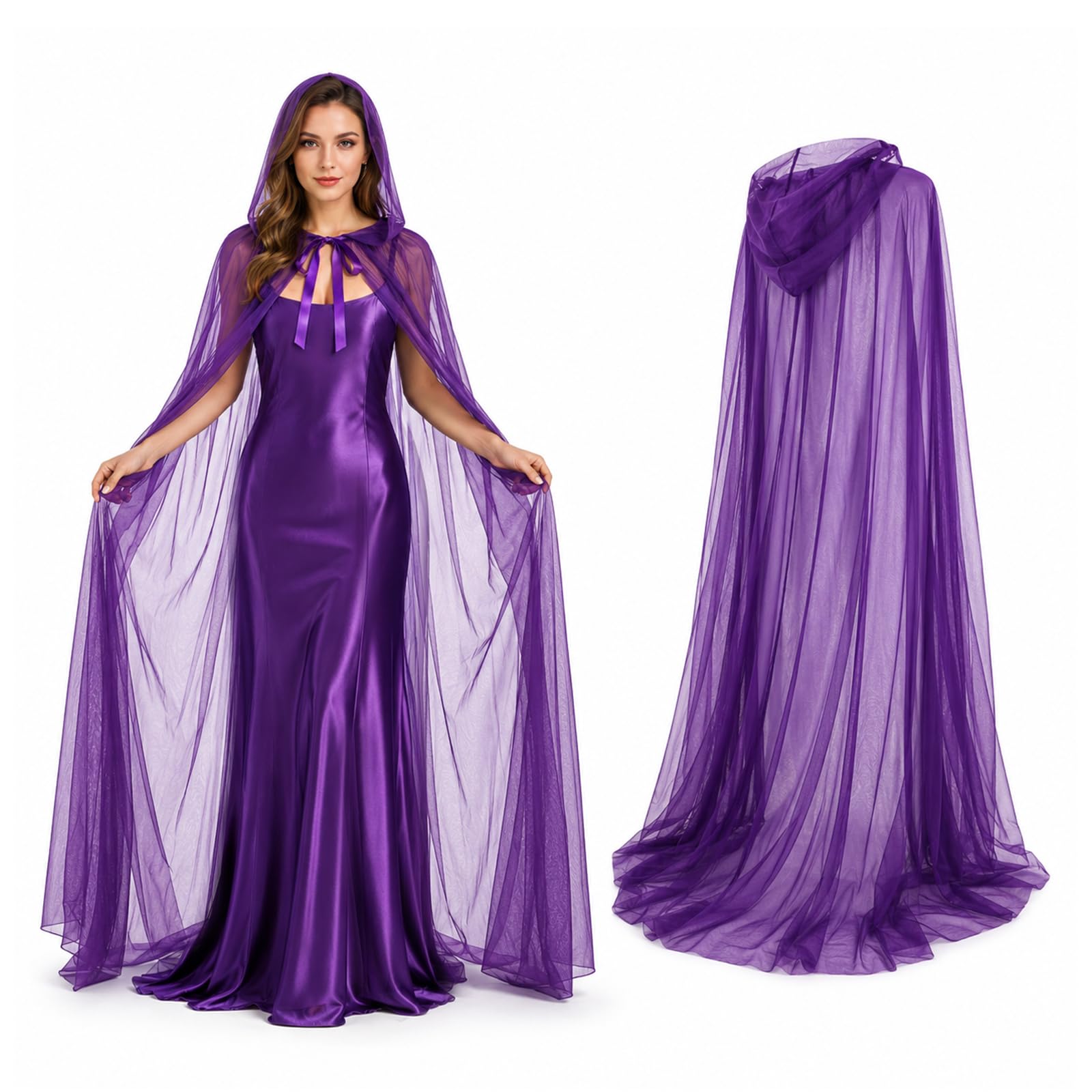 Purple Hooded Cloak, Adult Halloween Costume Women Full Length Tulle Cape