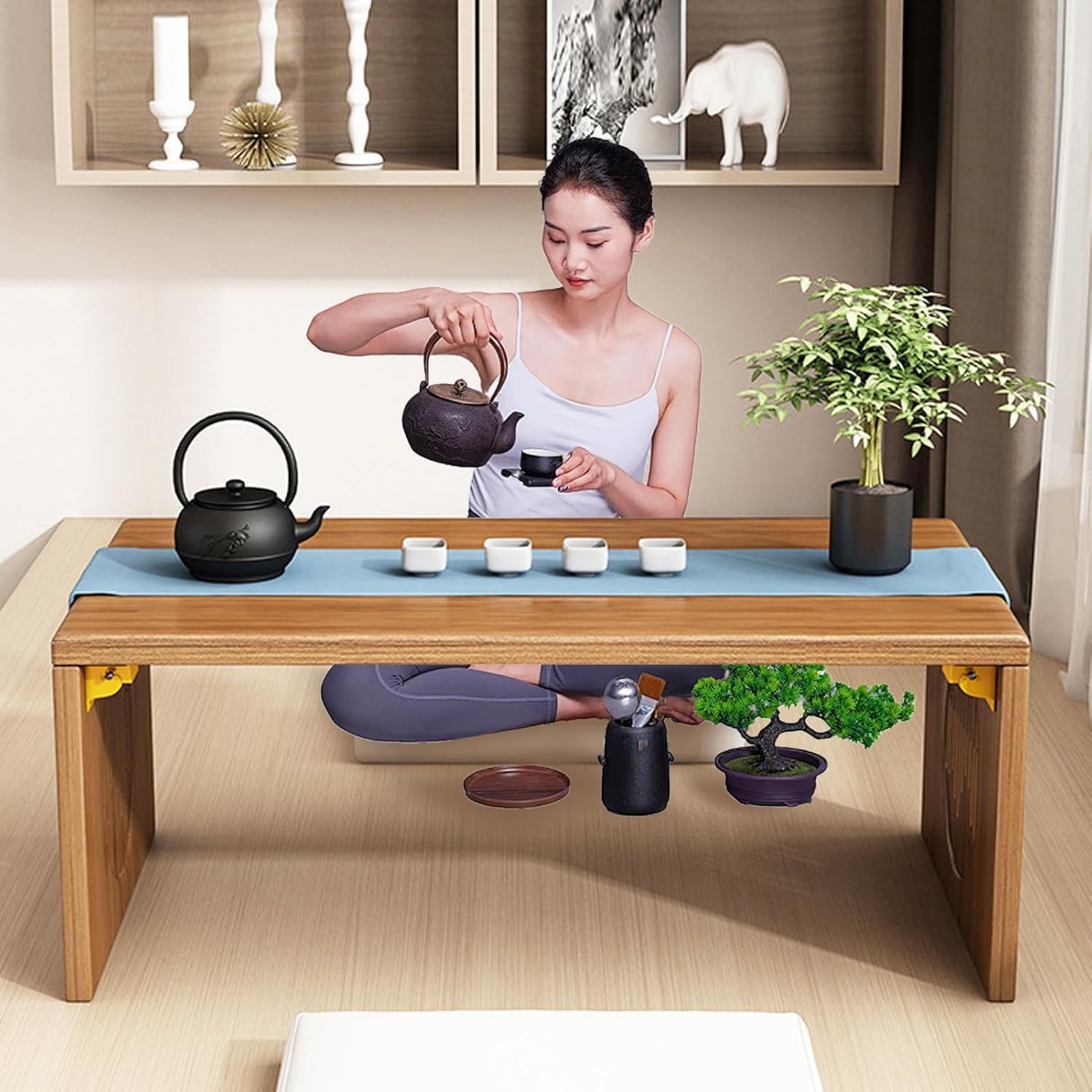 Mesa plegable japonesa, mesa de meditación de bambú para sentarse en el suelo, mesa de té portátil para sala de estar, comedor, decoración del hogar