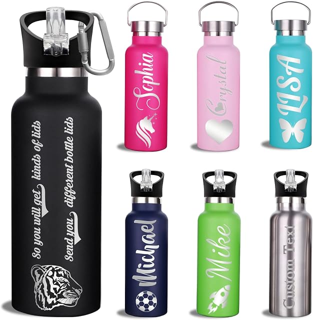 Personalised Custom Water Bottle with Straw Customised Insulated Water Bottles with Name Icon Engraved Flask for Kids Women School Gym (Stainless Steel, 350ml, 7 Colours)